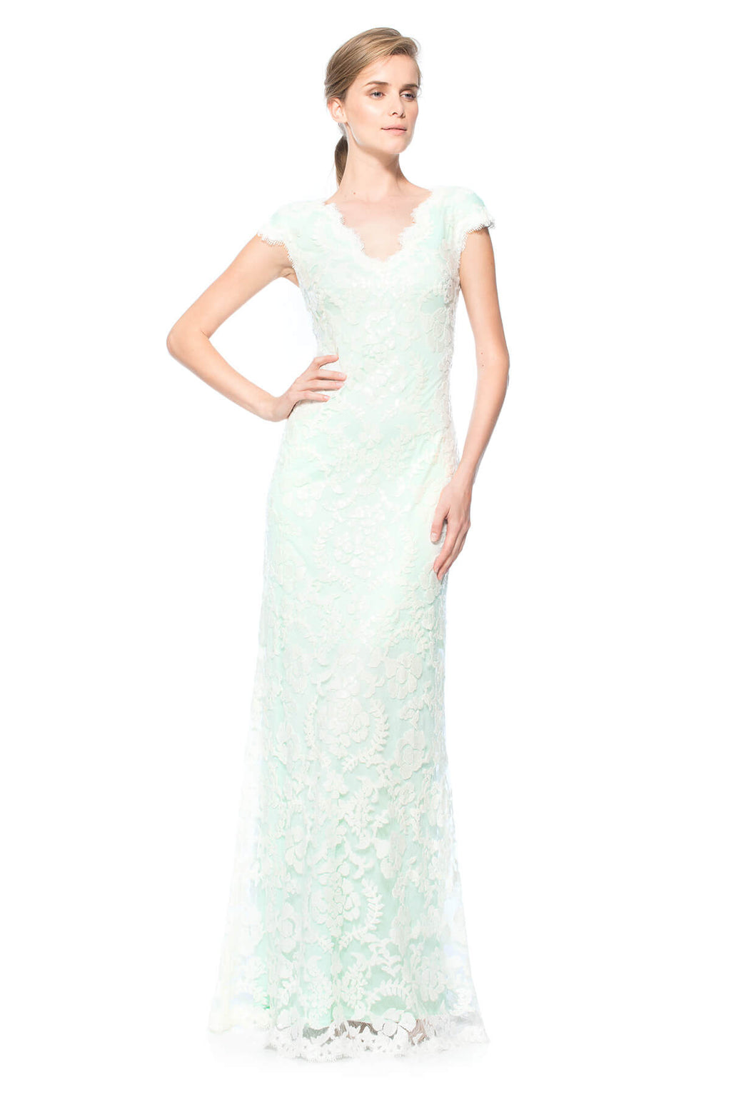Paillette Embroidered Lace Scalloped V-Neck Gown