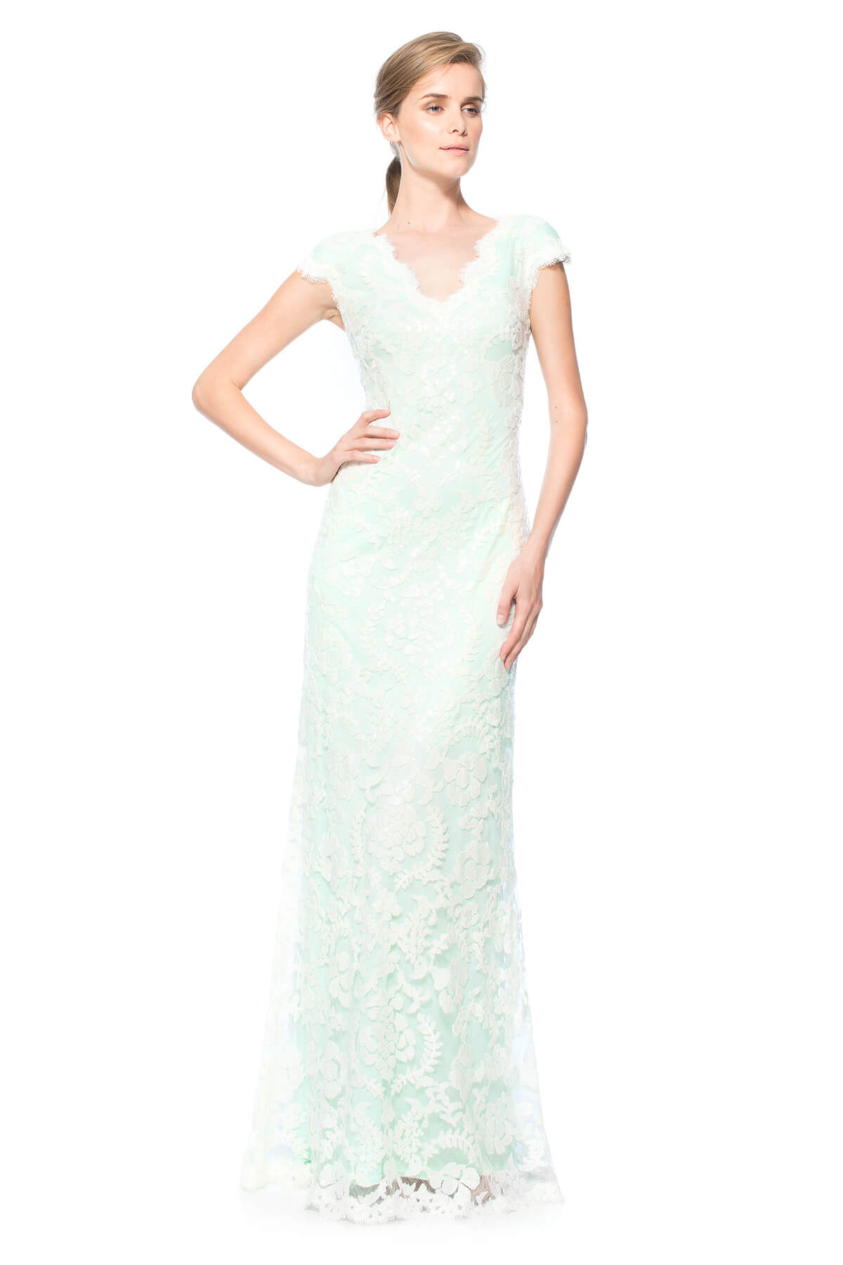 Paillette Embroidered Lace Scalloped V-Neck Gown