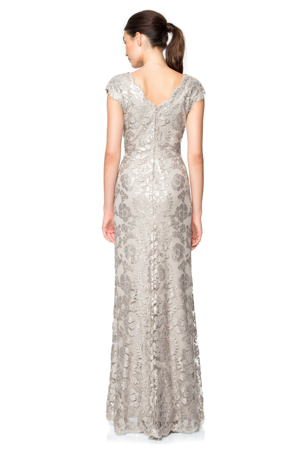 Paillette Embroidered Lace Scalloped V-Neck Gown