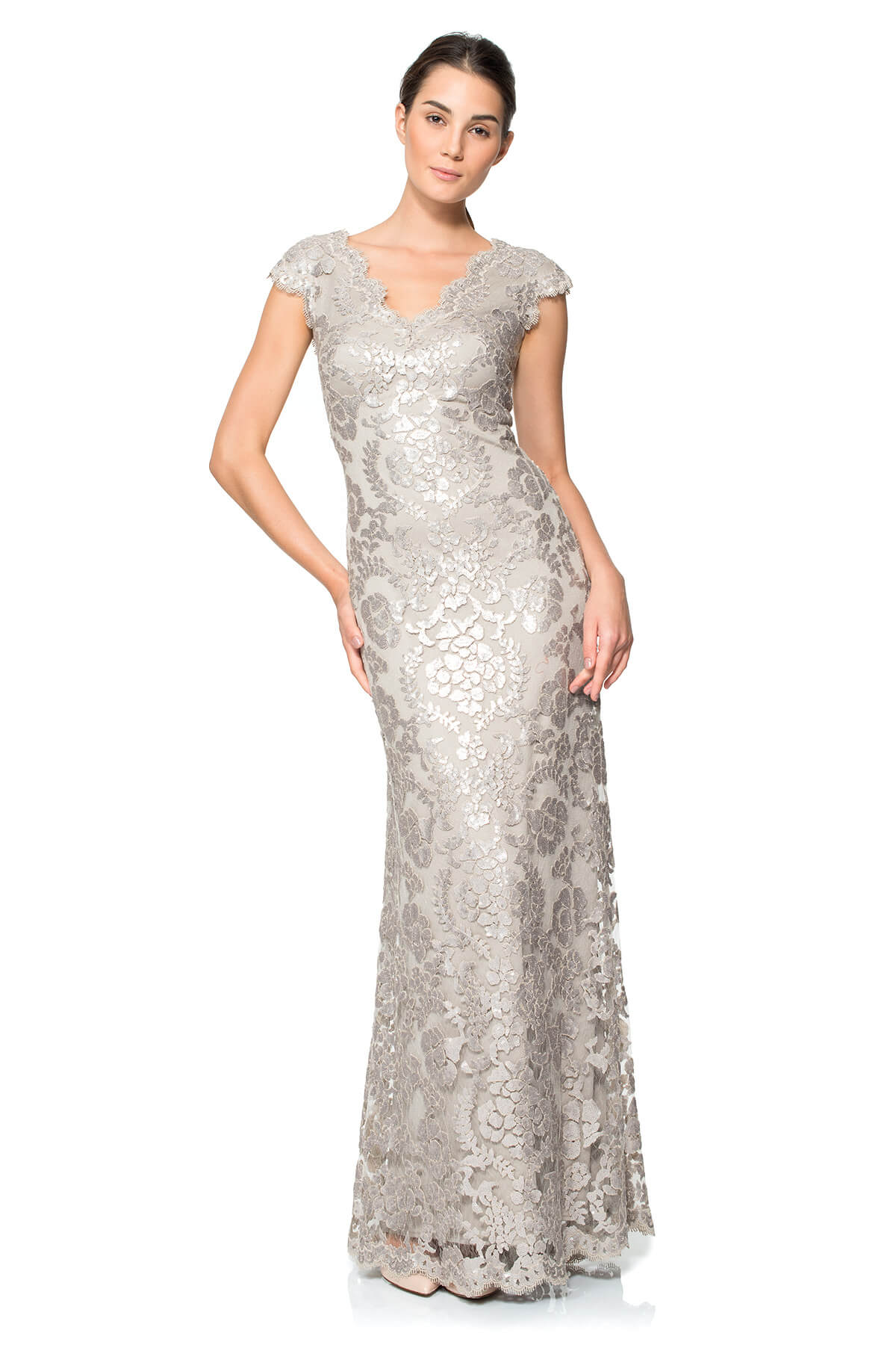 Paillette Embroidered Lace Scalloped V-Neck Gown