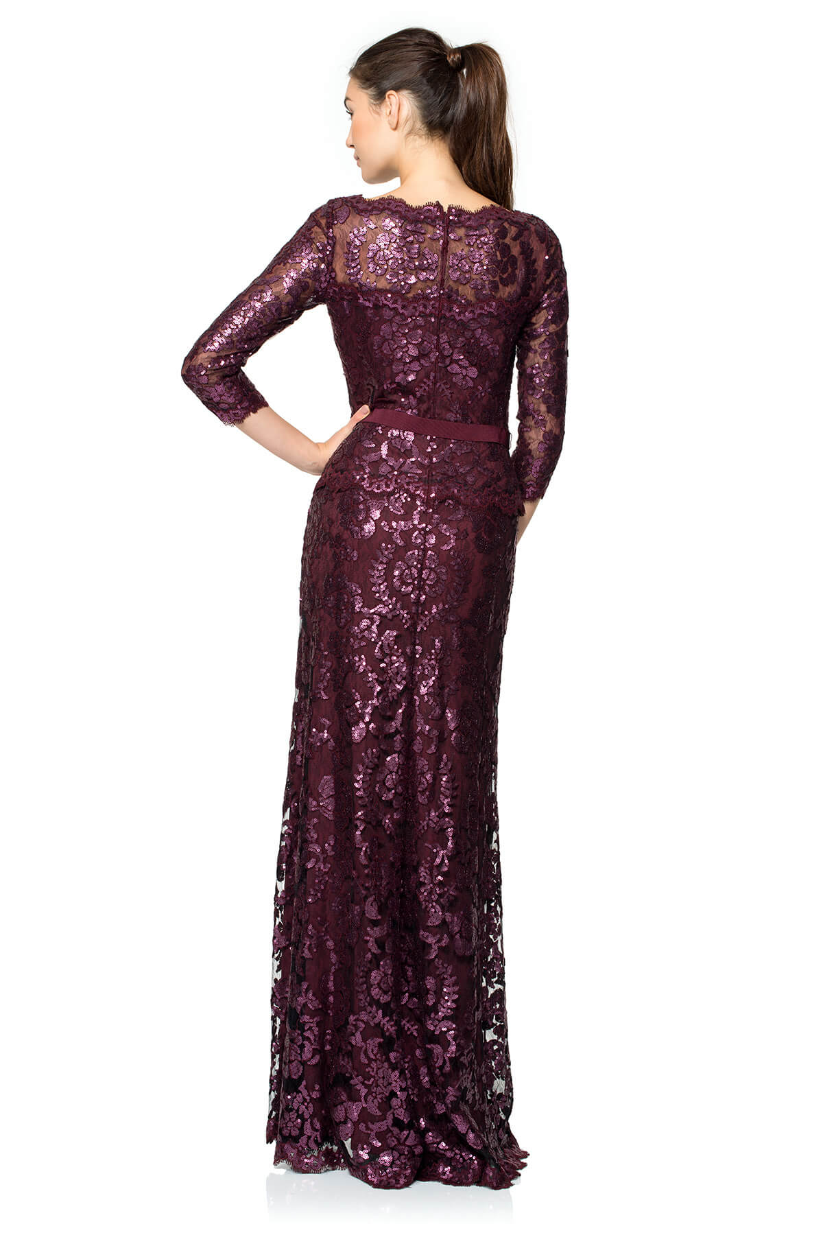 Paillette Embroidered Lace ¾ Sleeve Gown