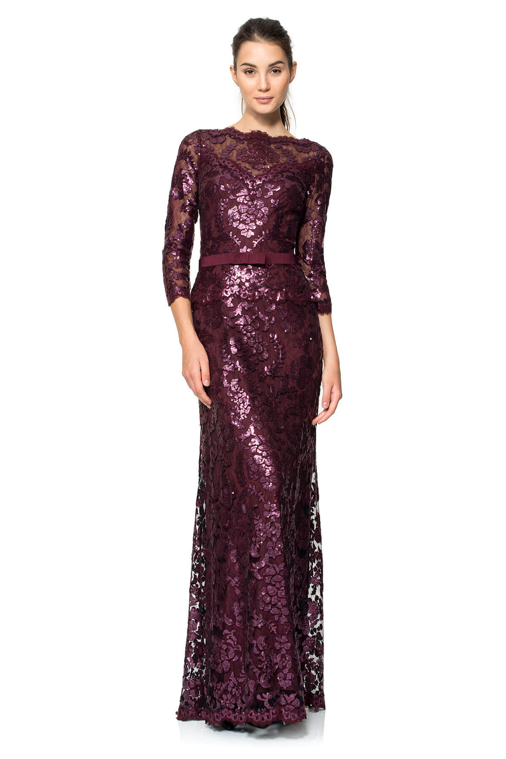 Paillette Embroidered Lace ¾ Sleeve Gown
