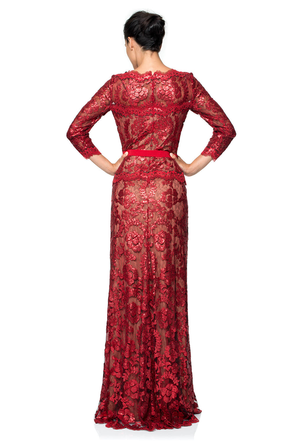 Paillette Embroidered Lace ¾ Sleeve Gown
