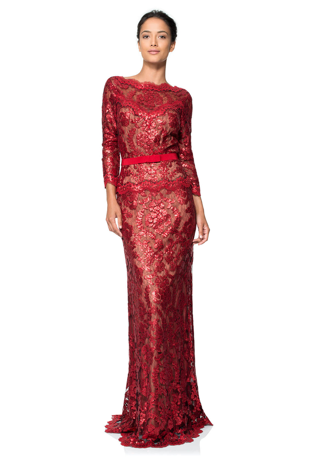 Paillette Embroidered Lace ¾ Sleeve Gown