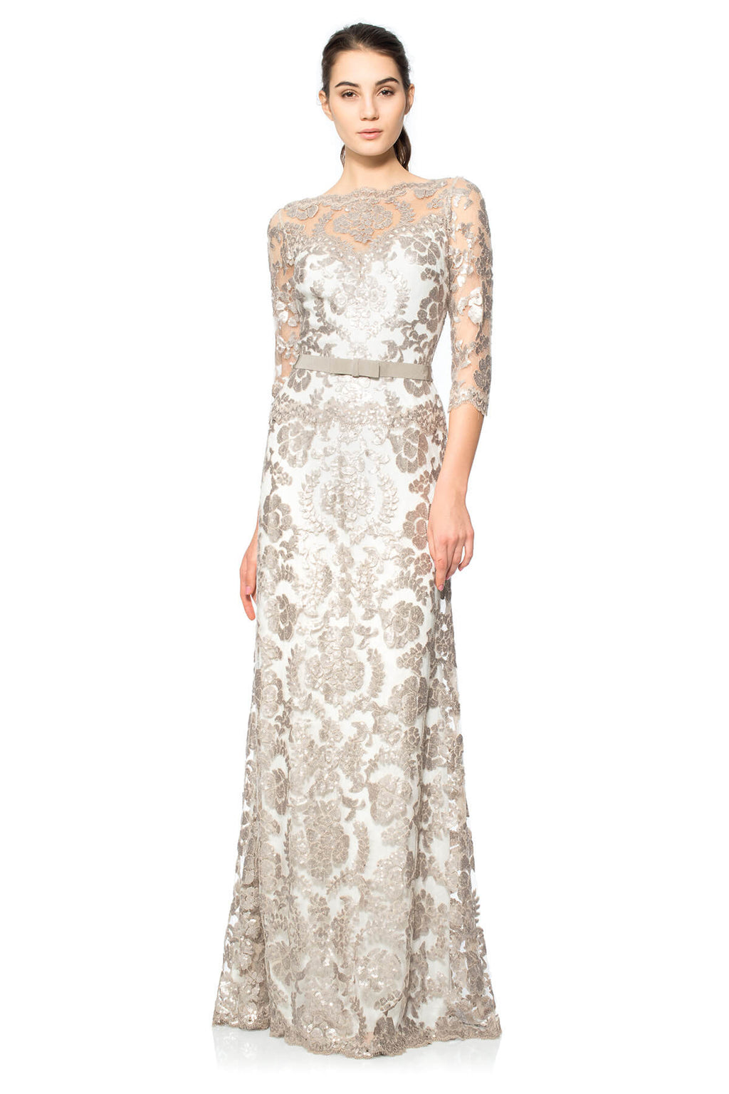 Paillette Embroidered Lace ¾ Sleeve Gown