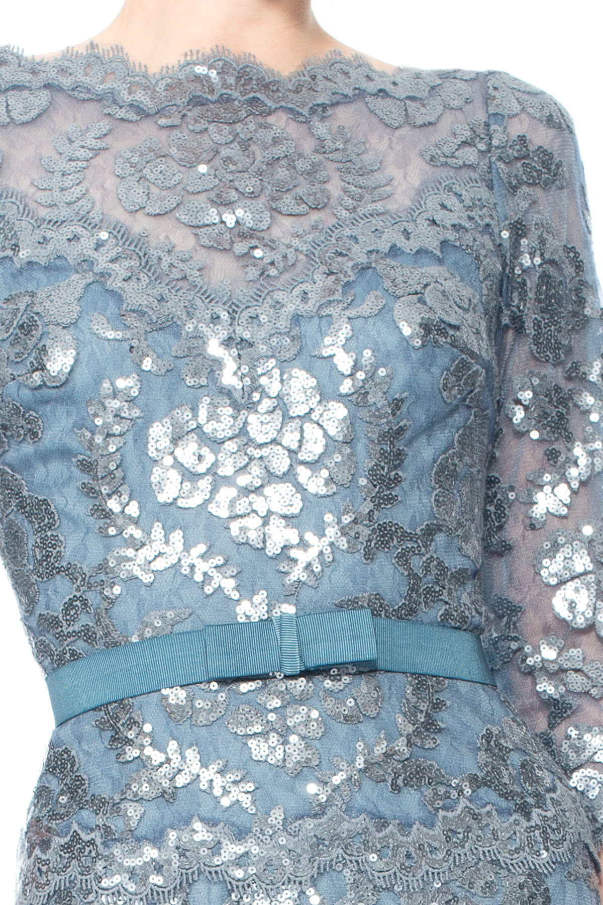 Paillette Embroidered Lace ¾ Sleeve Gown- PETITE