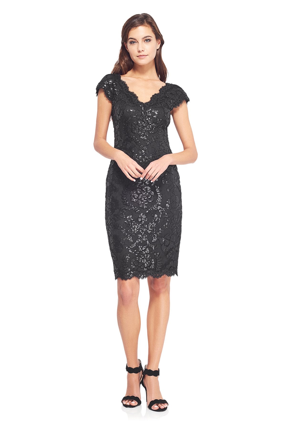 Paillette Embroidered Lace V-Neck Cap Sleeve Dress