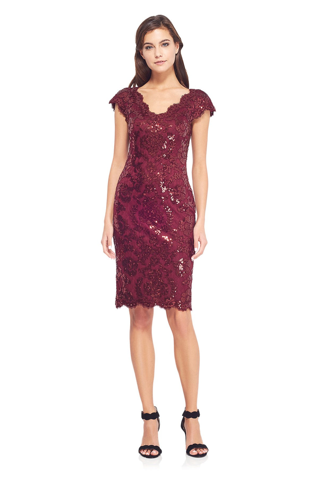 Tadashi Shoji - Paillette Embroidered Lace V-Neck Cap Sleeve Dress