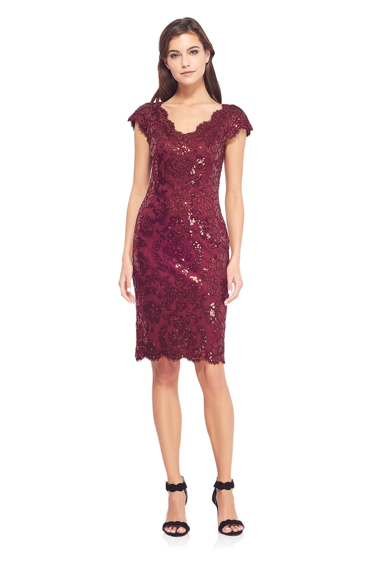 Tadashi Shoji - Paillette Embroidered Lace V-Neck Cap Sleeve Dress