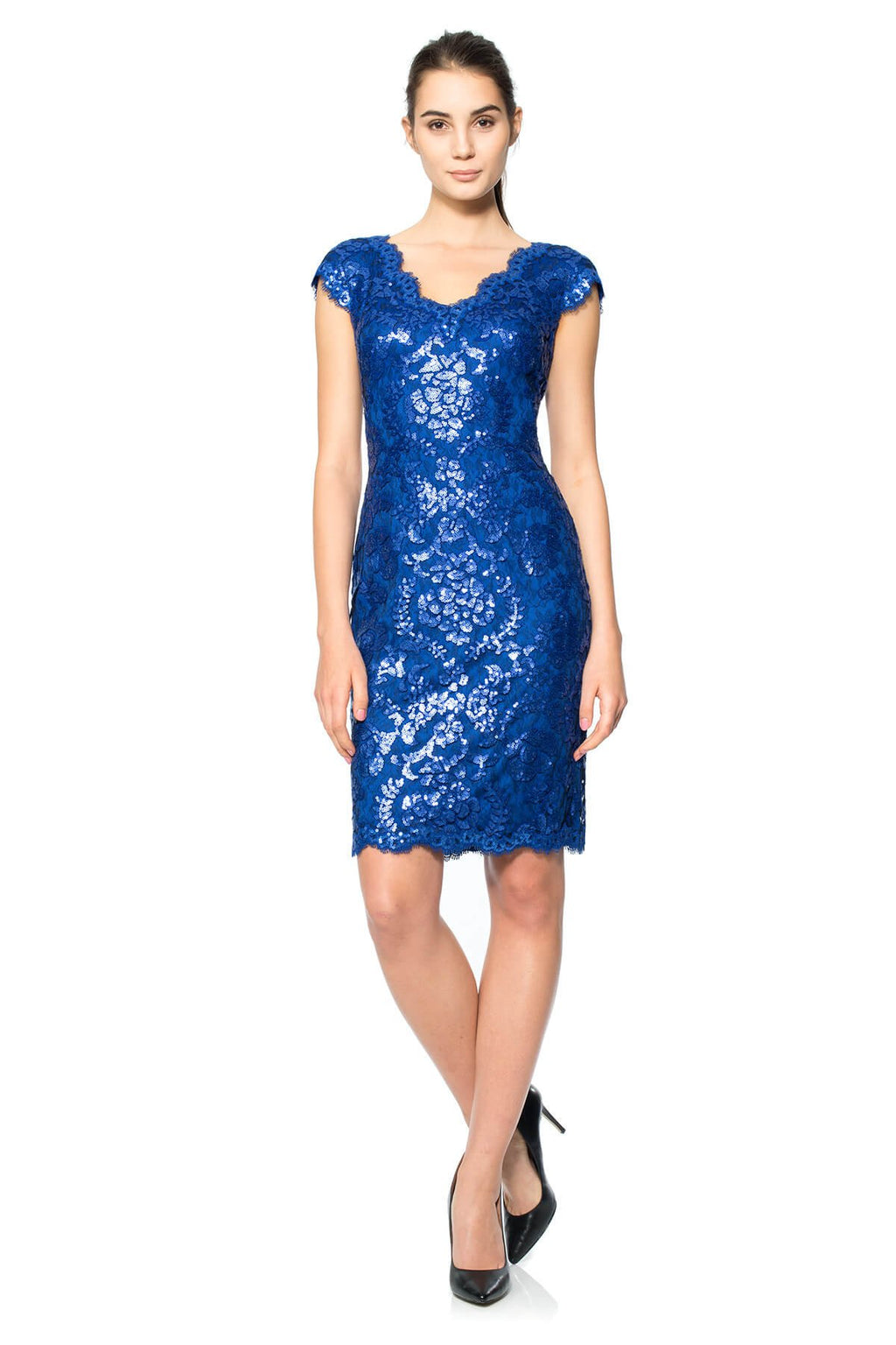 Paillette Embroidered Lace V-Neck Cap Sleeve Dress