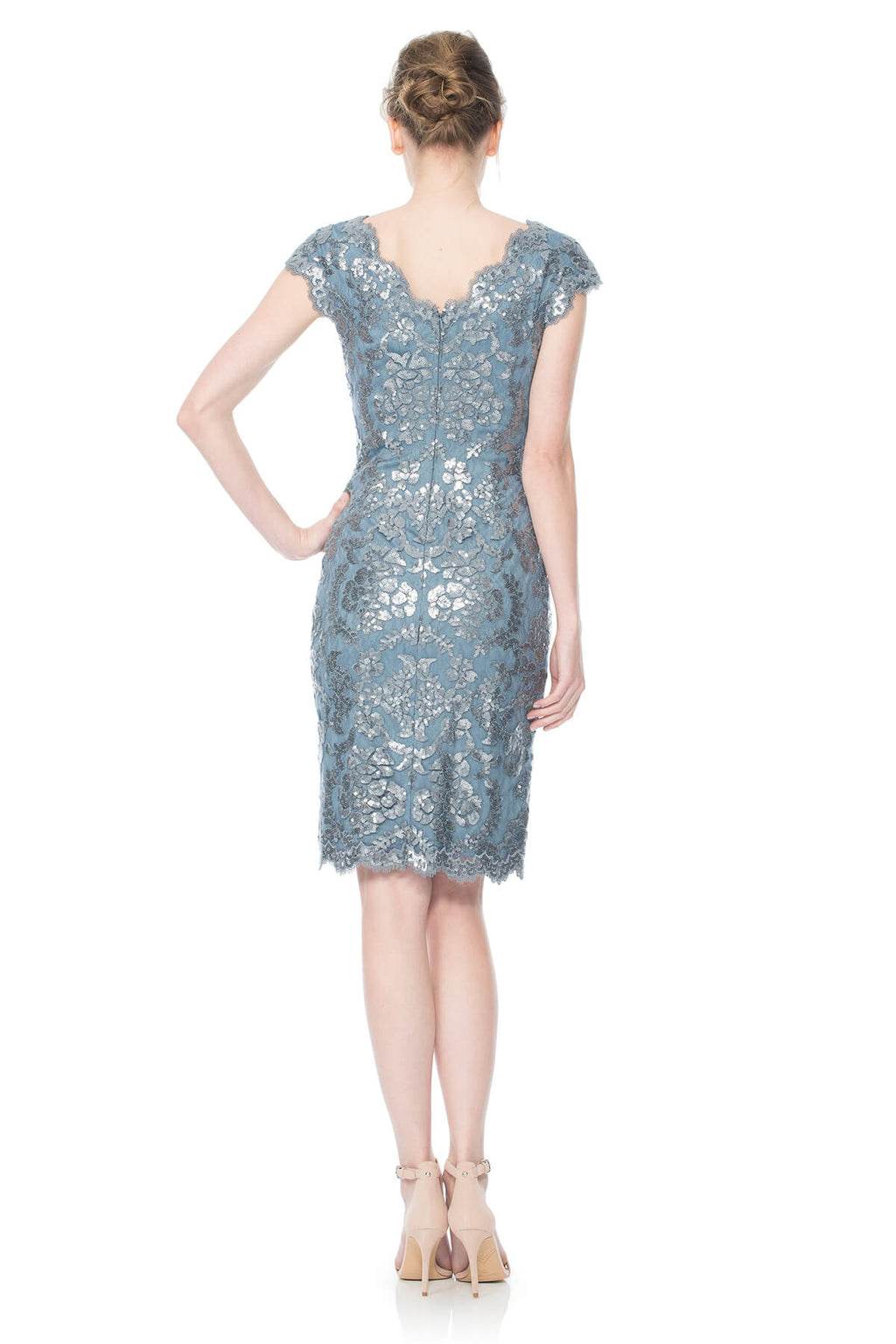 Tadashi Shoji - Paillette Embroidered Lace V-Neck Cap Sleeve Dress