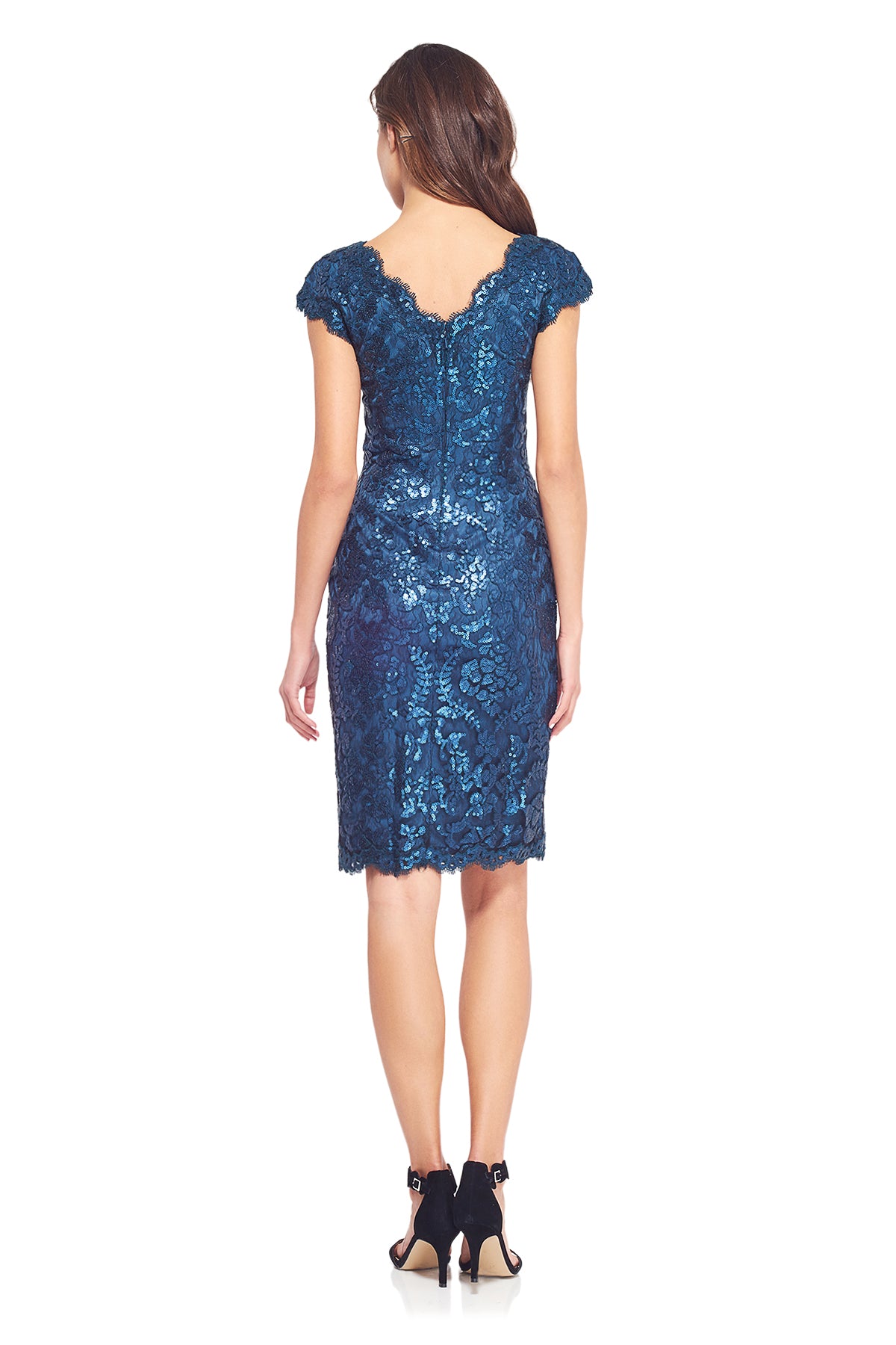 Paillette Embroidered Lace V-Neck Cap Sleeve Dress