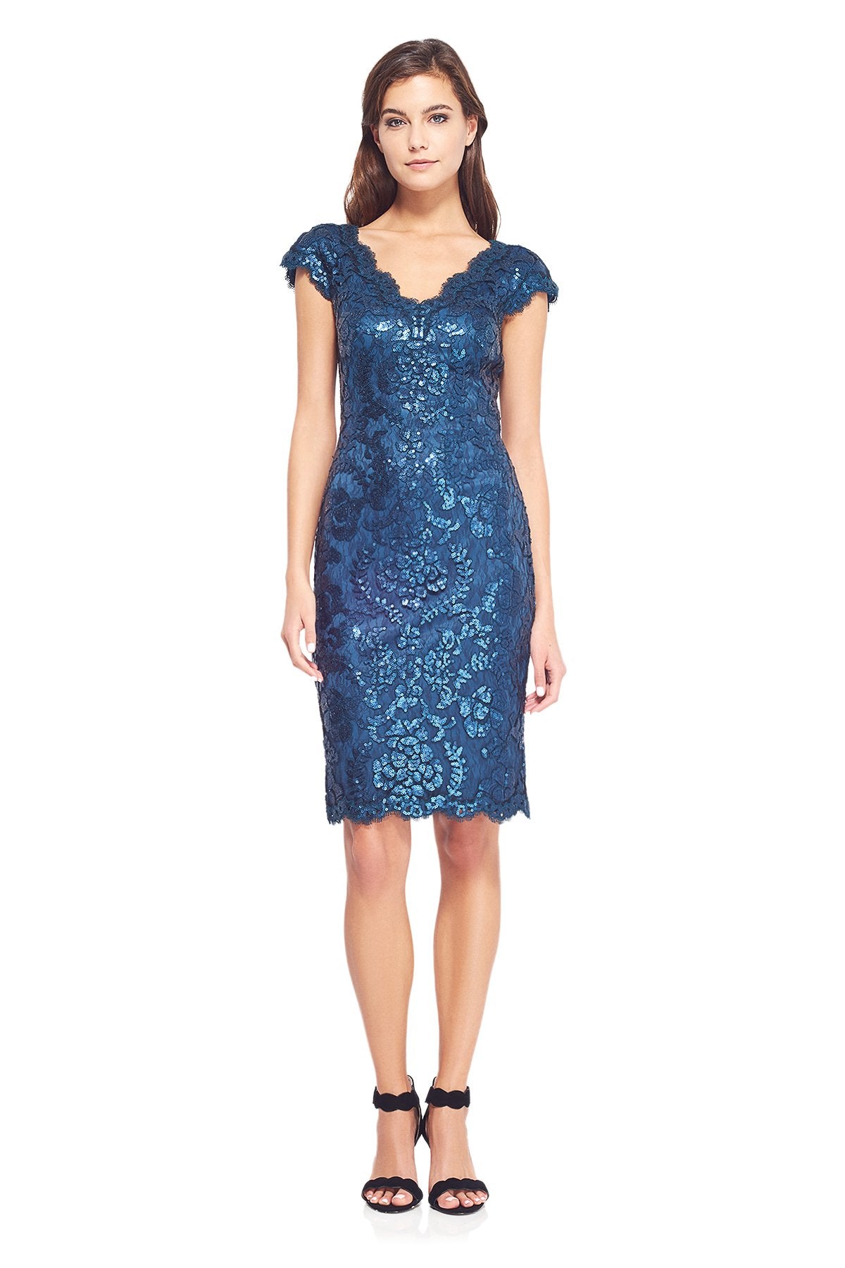 Paillette Embroidered Lace V-Neck Cap Sleeve Dress