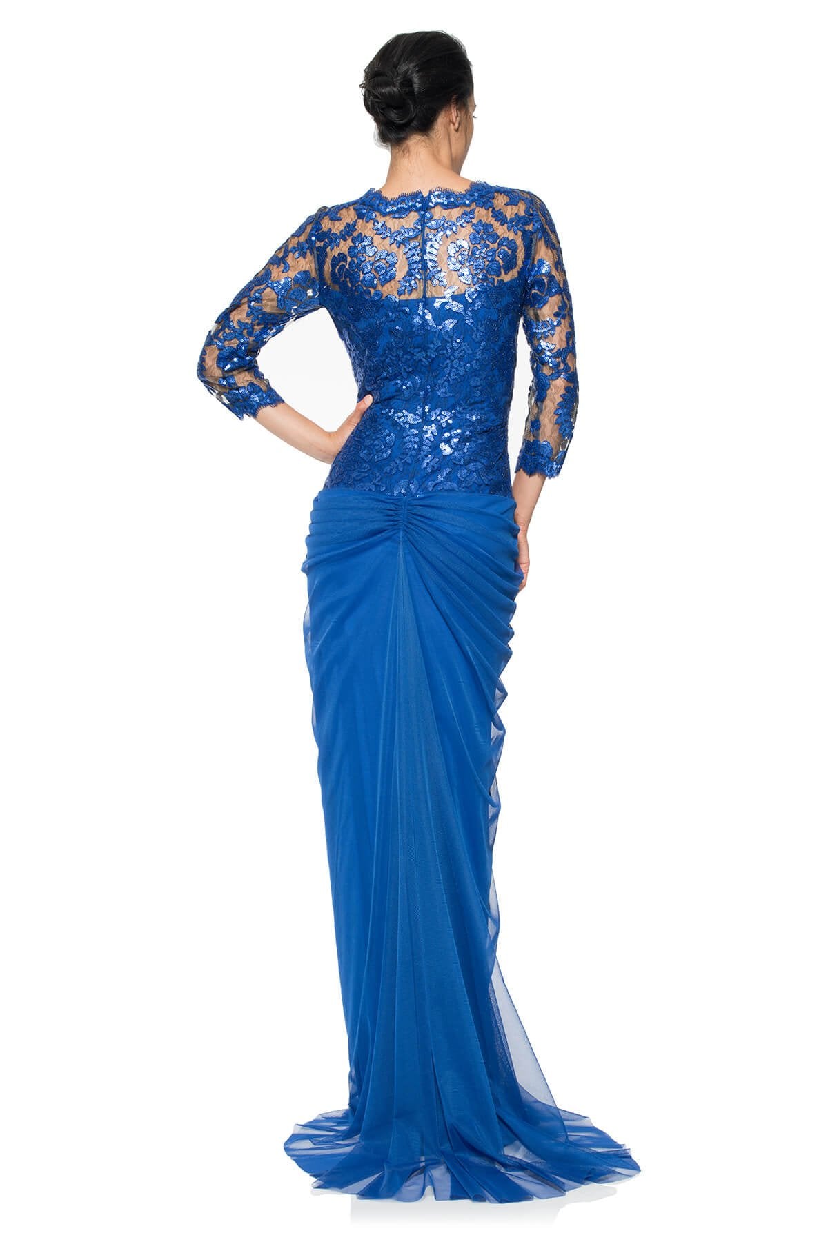 Paillette Embroidered Lace and Draped Tulle 3/4 Sleeve Gown