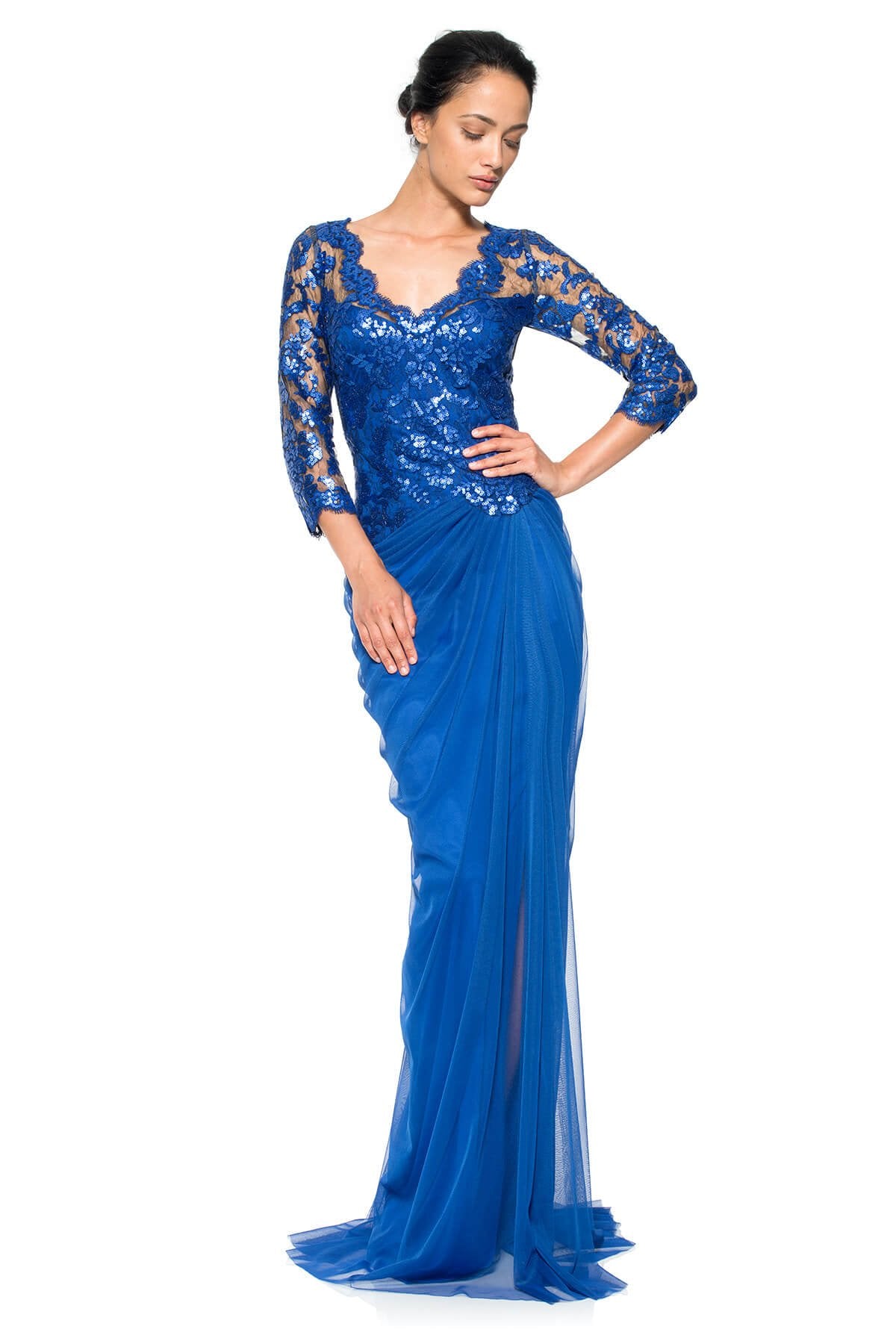 Paillette Embroidered Lace and Draped Tulle 3/4 Sleeve Gown