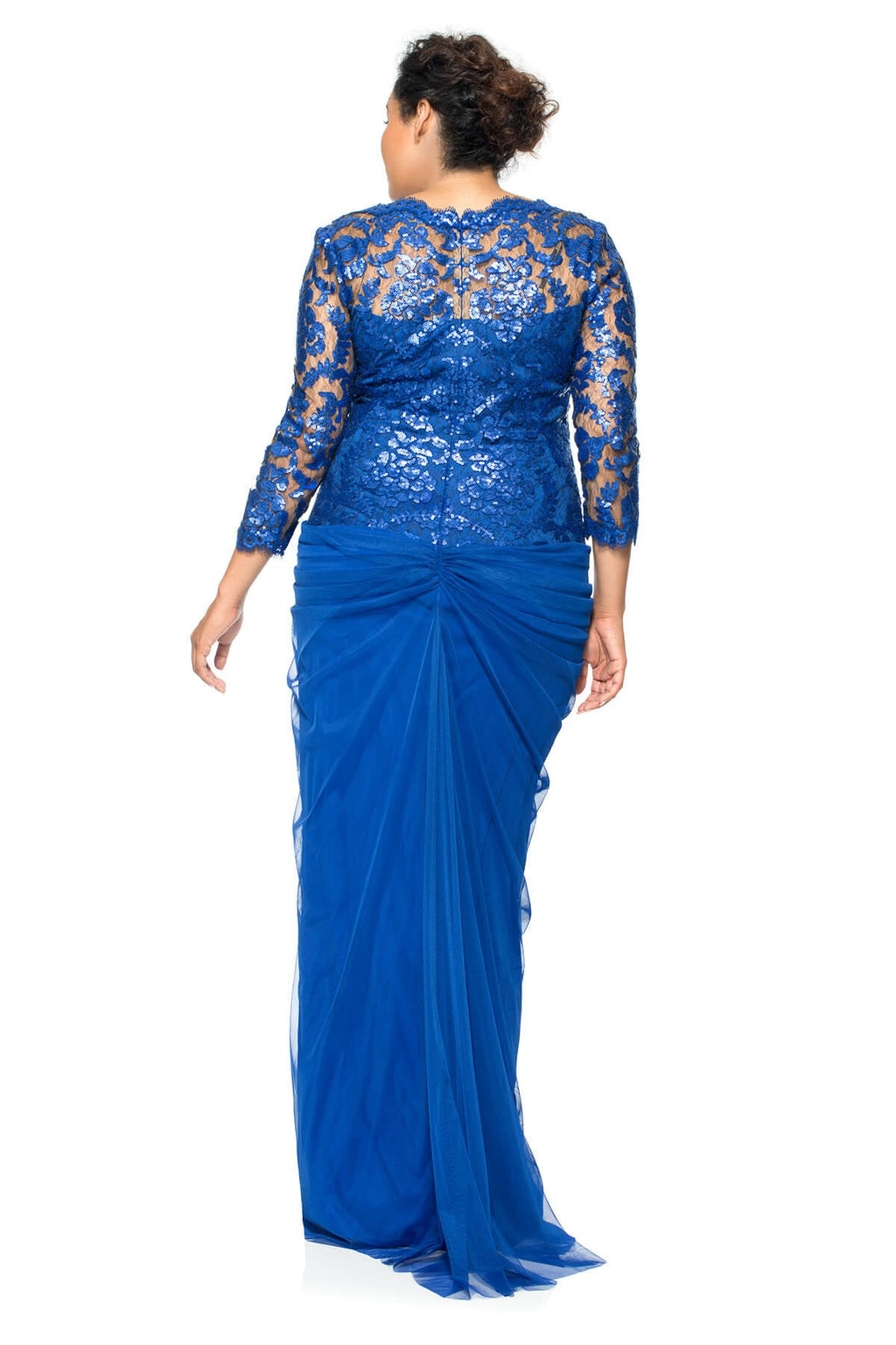 Paillette Embroidered Lace and Draped Tulle 3/4 Sleeve Gown - PLUS SIZE