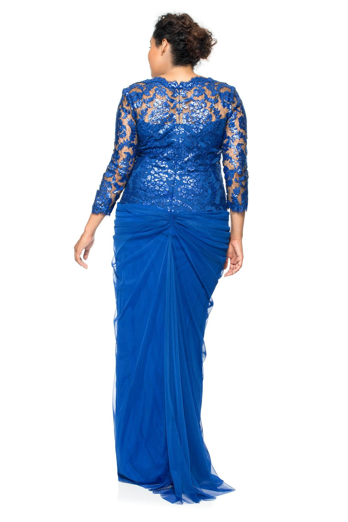 Paillette Embroidered Lace and Draped Tulle 3/4 Sleeve Gown - PLUS SIZE