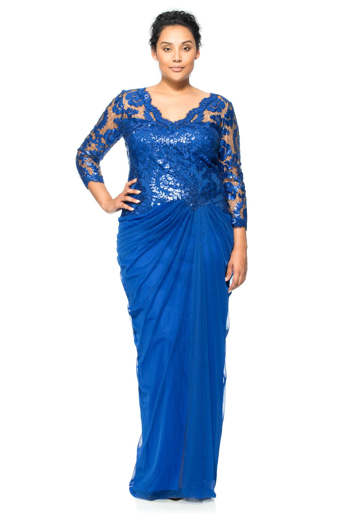Paillette Embroidered Lace and Draped Tulle 3/4 Sleeve Gown - PLUS SIZE