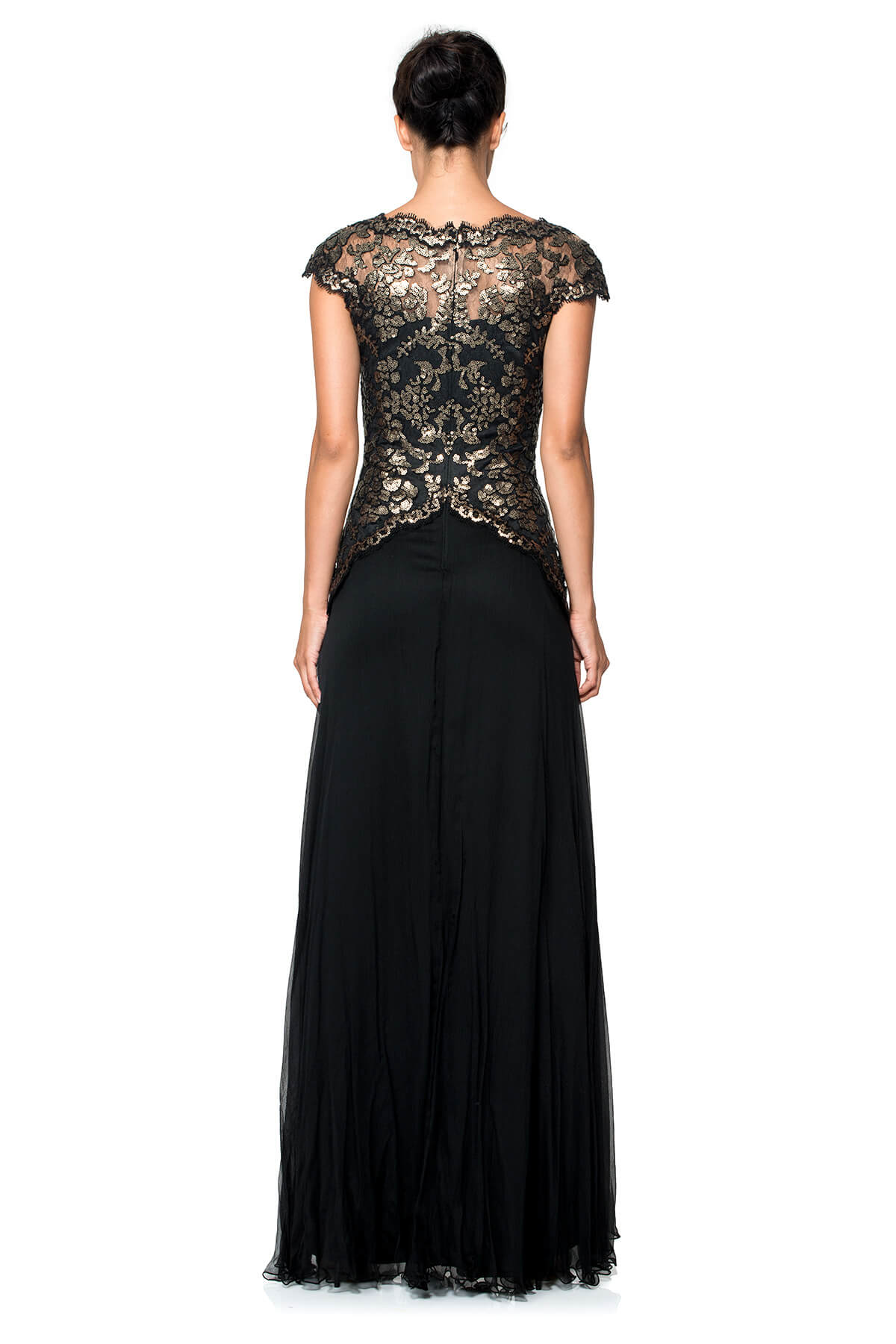Paillette Embroidered Lace and Chiffon Skirt Gown