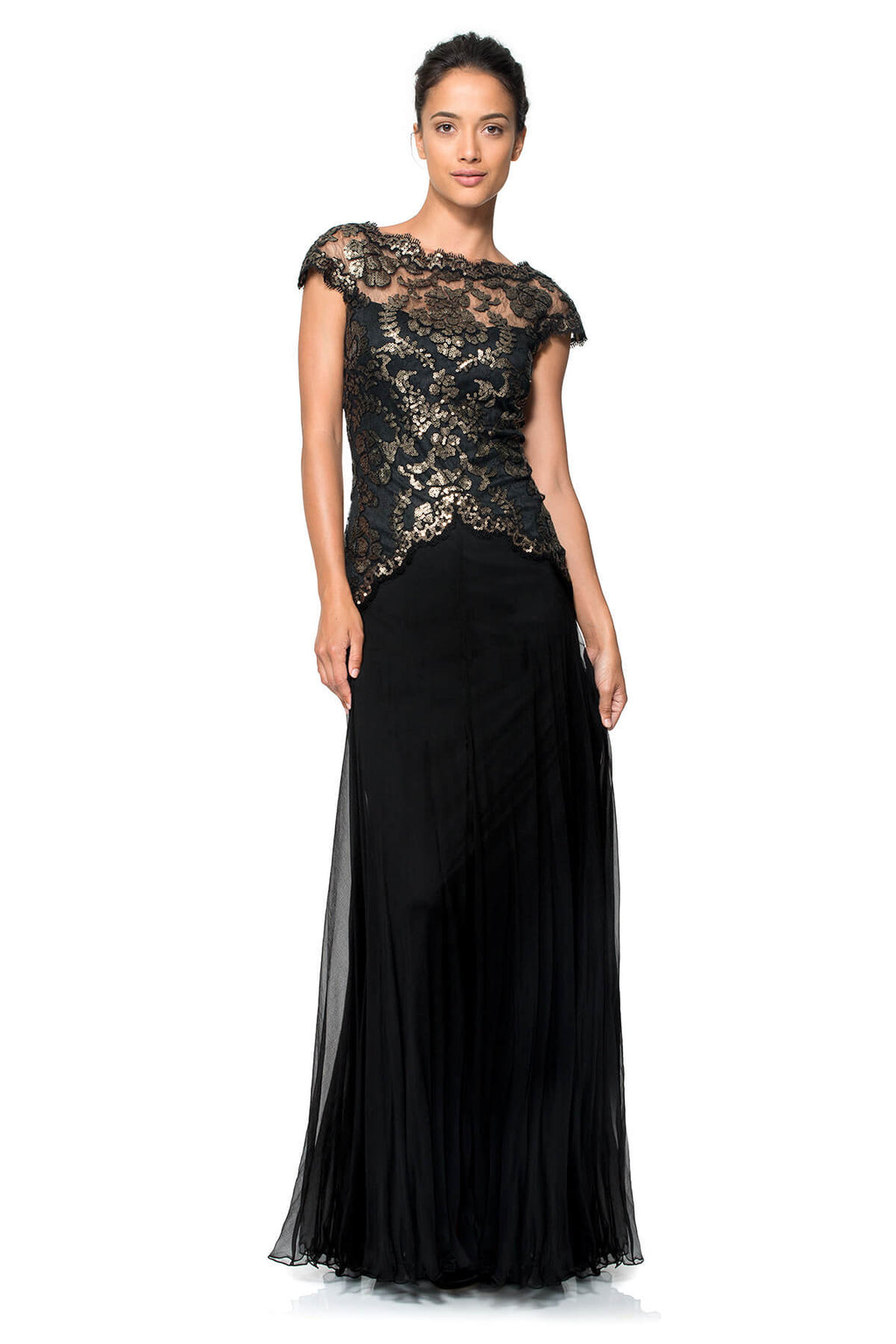 Paillette Embroidered Lace and Chiffon Skirt Gown