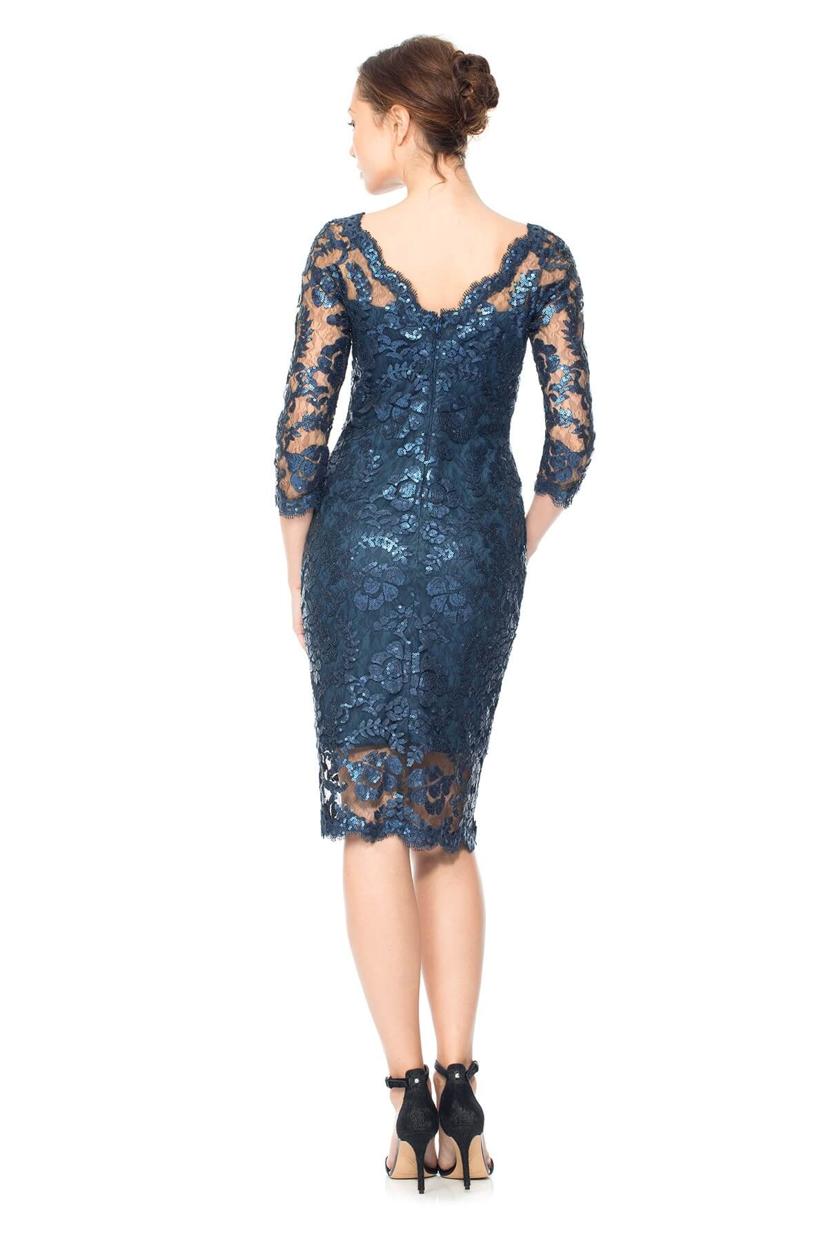 Tadashi Shoji Petite Size - Paillette Embroidered Tulle Sheath with 3/4 Sleeves