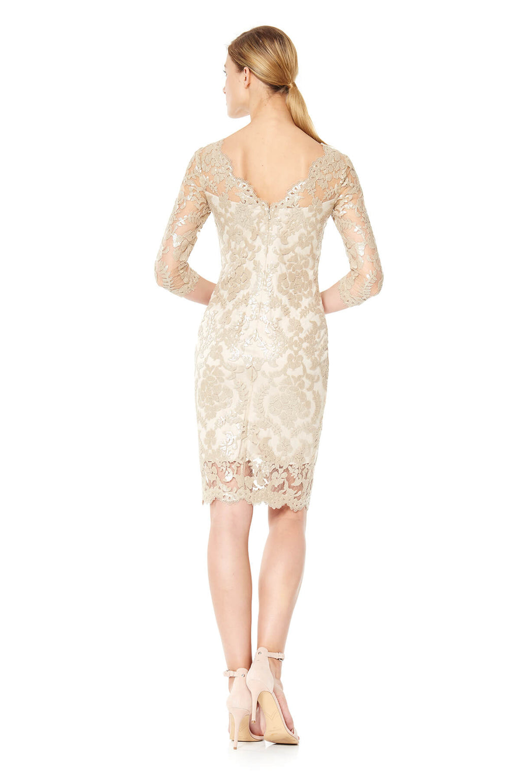 Tadashi Shoji - Paillette Embroidered Tulle Sheath with 3/4 Sleeves