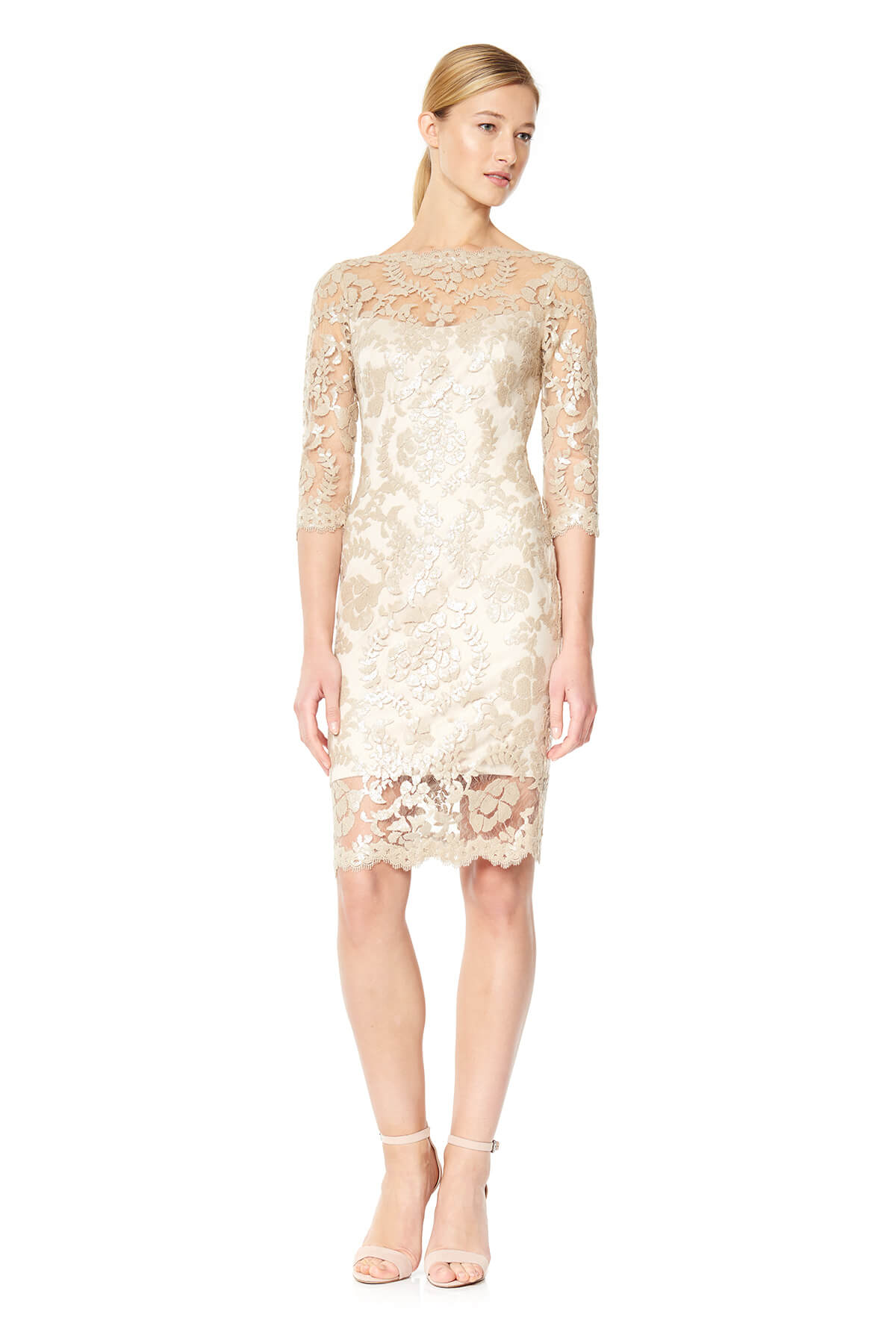 Tadashi Shoji - Paillette Embroidered Tulle Sheath with 3/4 Sleeves
