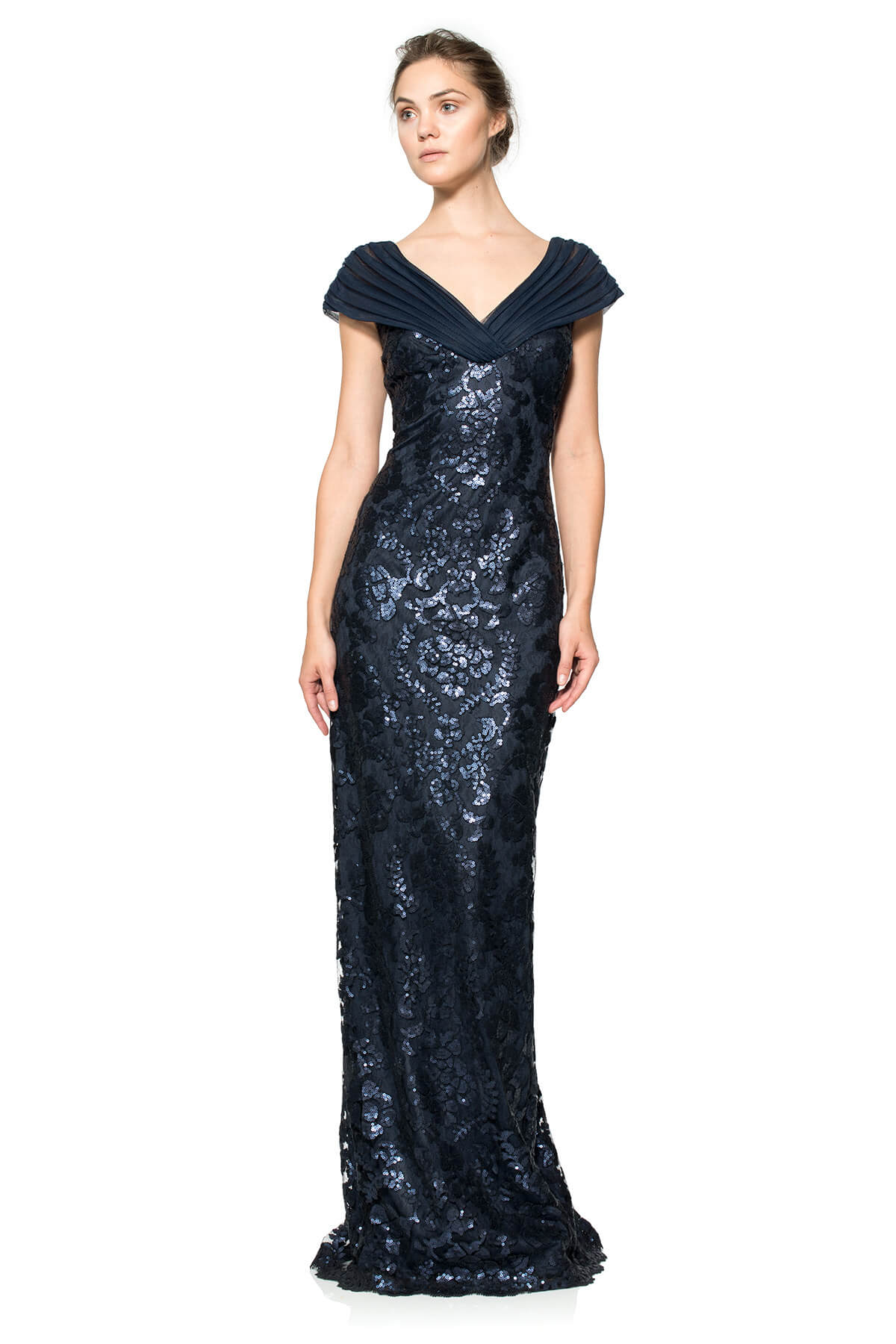 Paillette Embroidered Lace and Tulle Off Shoulder Gown