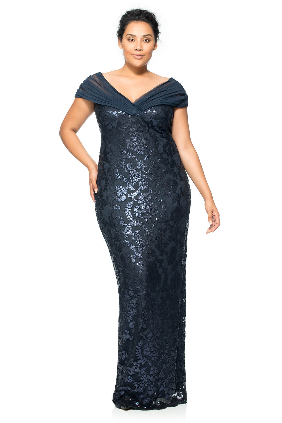 Paillette Embroidered Lace and Tulle Off Shoulder Gown
