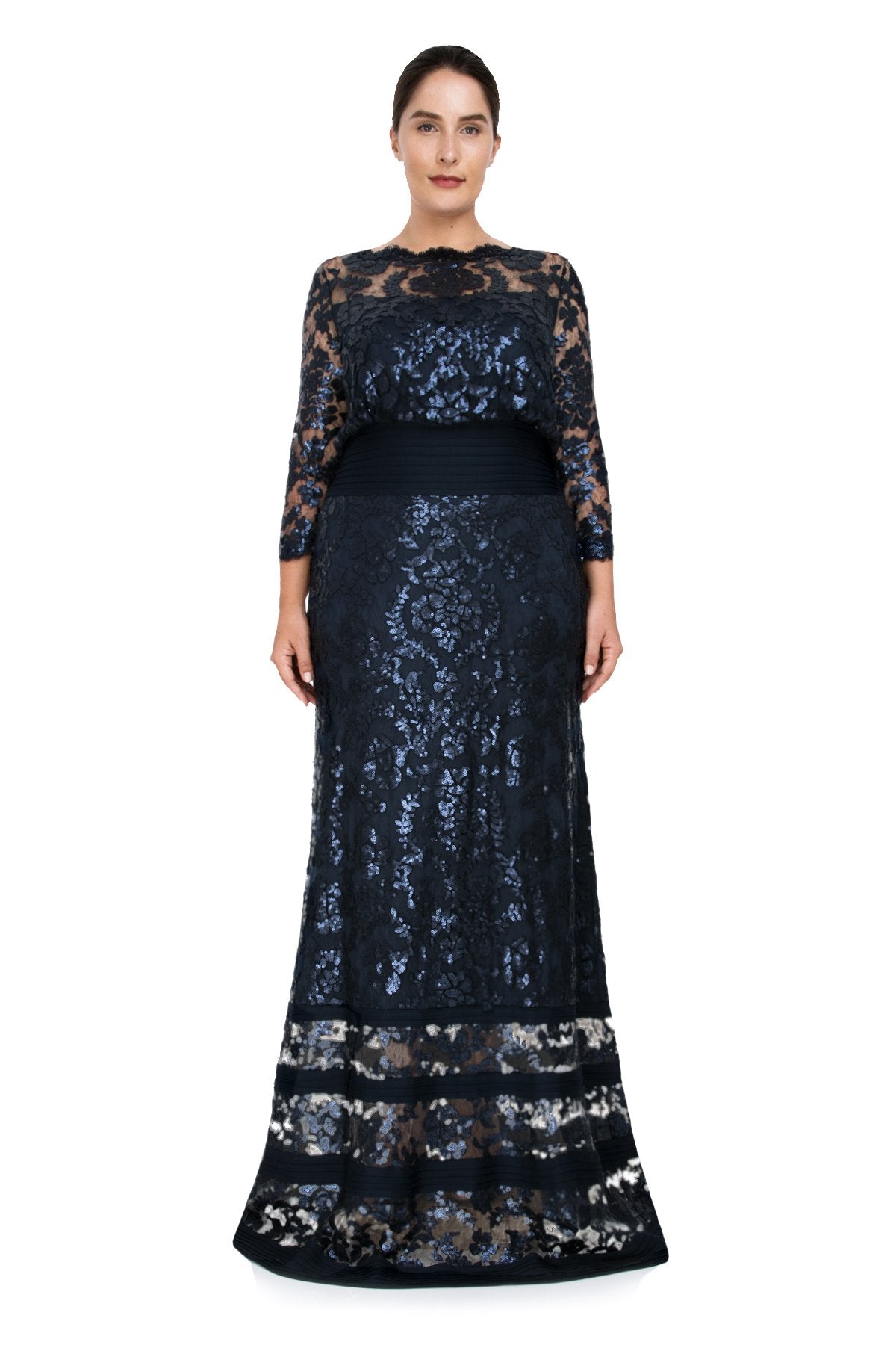 Tadashi Shoji Plus Size - Blouson Waist Paillette Embroidered Lace Gown