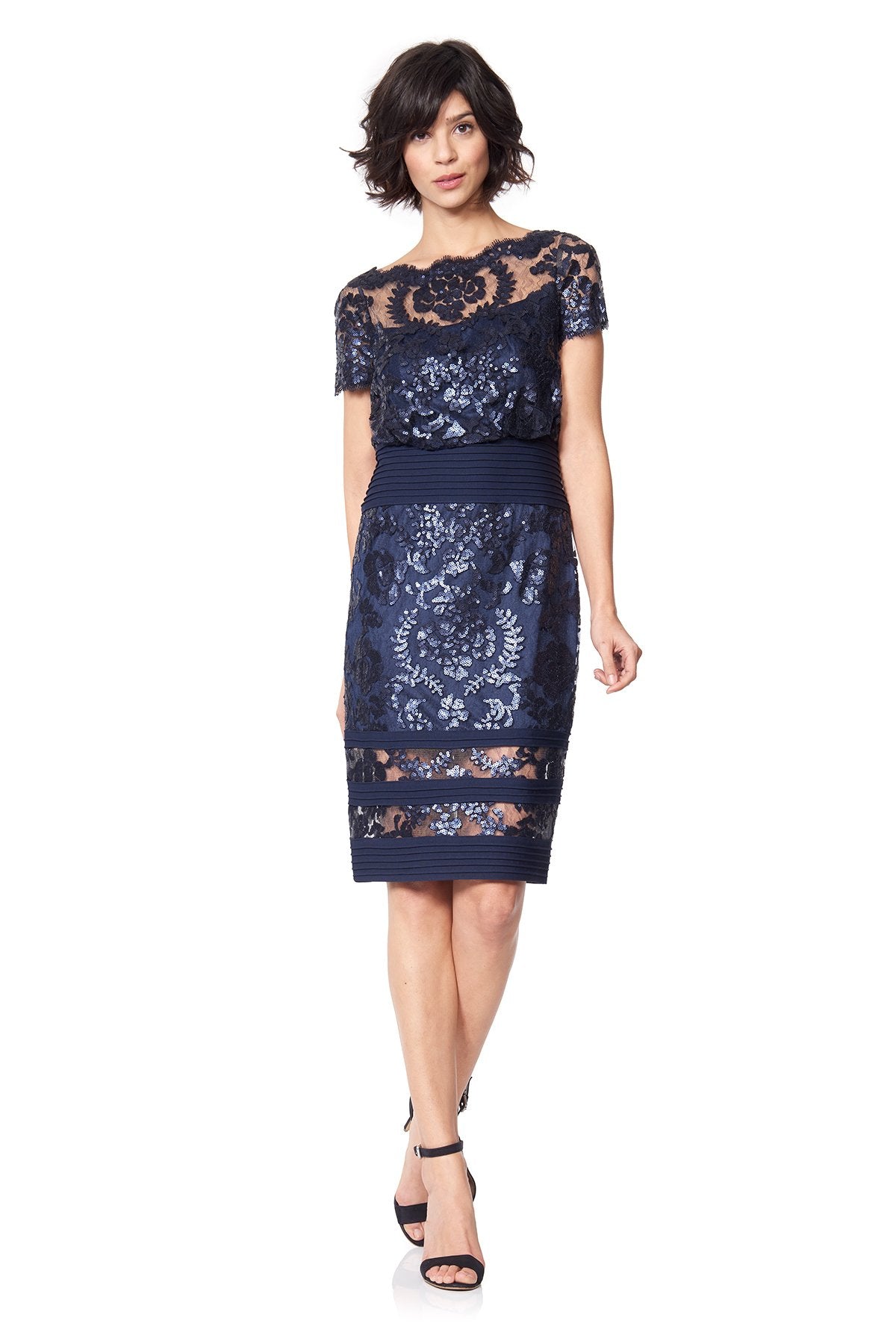 Blouson Waist Paillette Embroidered Lace Dress