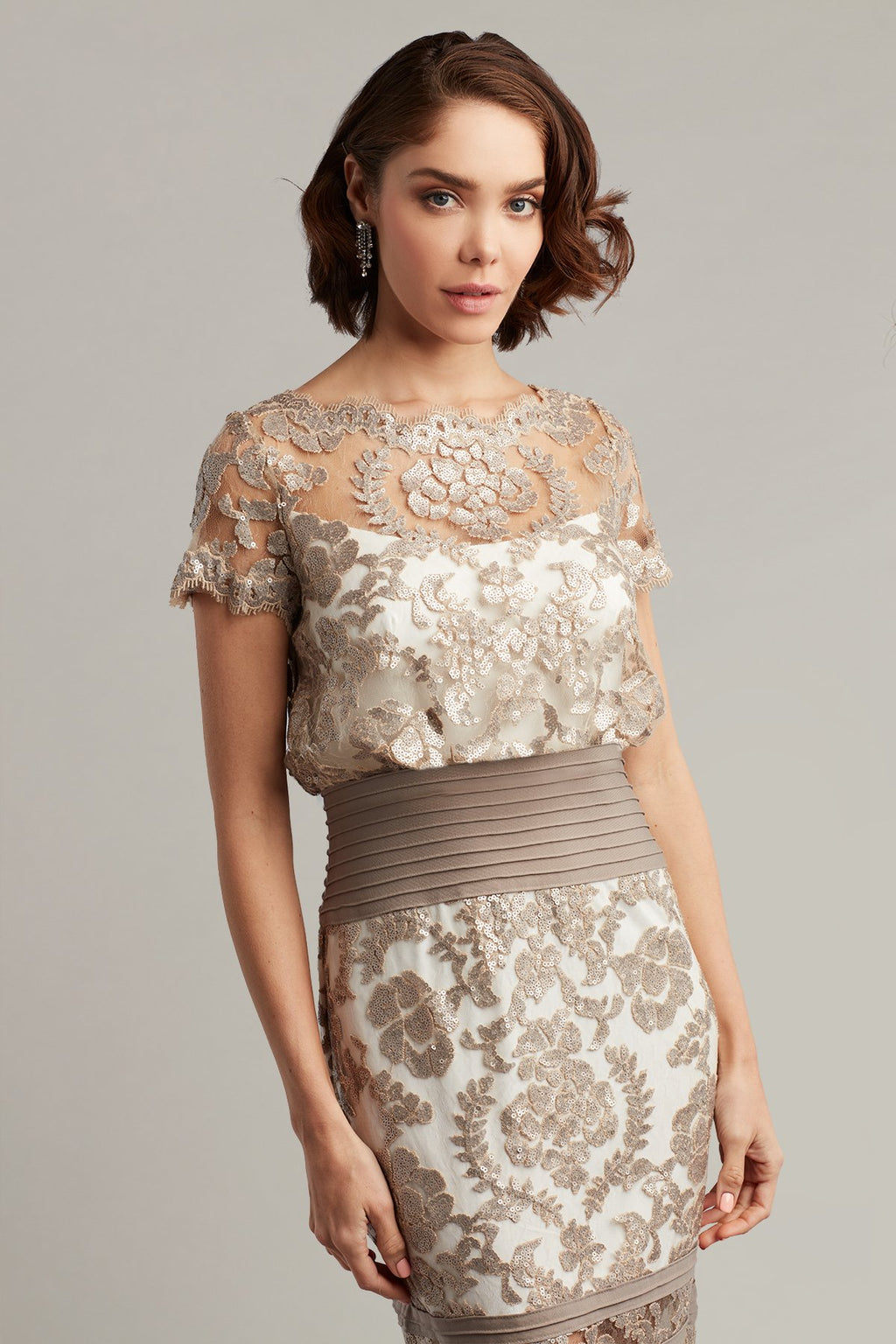 Blouson Waist Paillette Embroidered Lace Dress