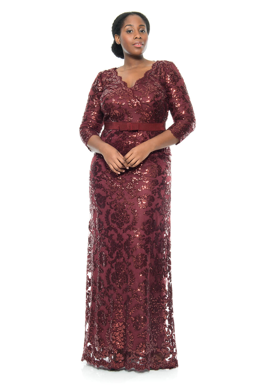 Tadashi Shoji Plus Size - Paillette Embroidered 3/4 Sleeve V-Neck Gown
