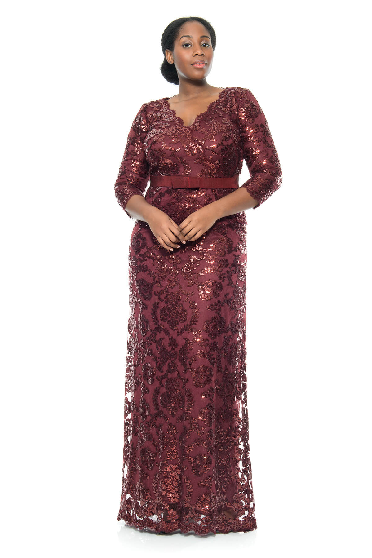Tadashi Shoji Plus Size - Paillette Embroidered 3/4 Sleeve V-Neck Gown