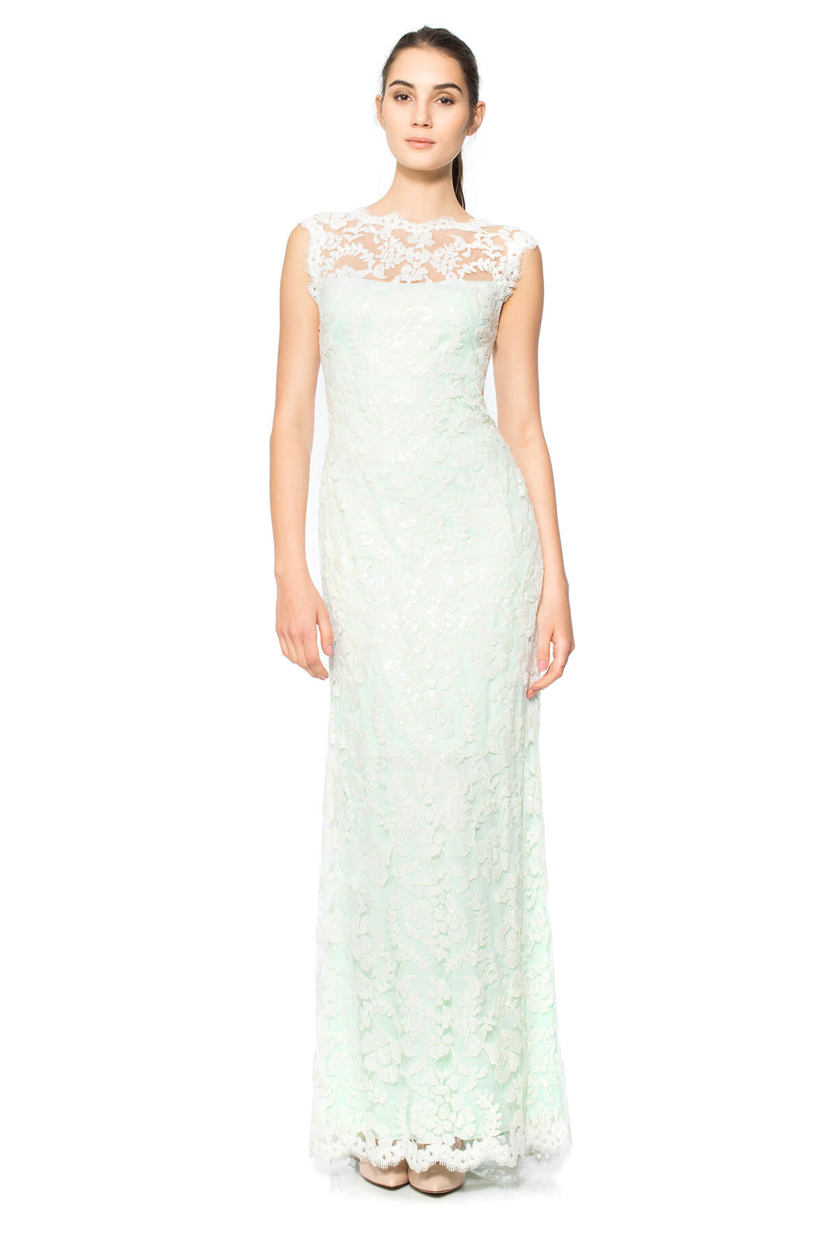 Paillette Embroidered Lace Boatneck Gown