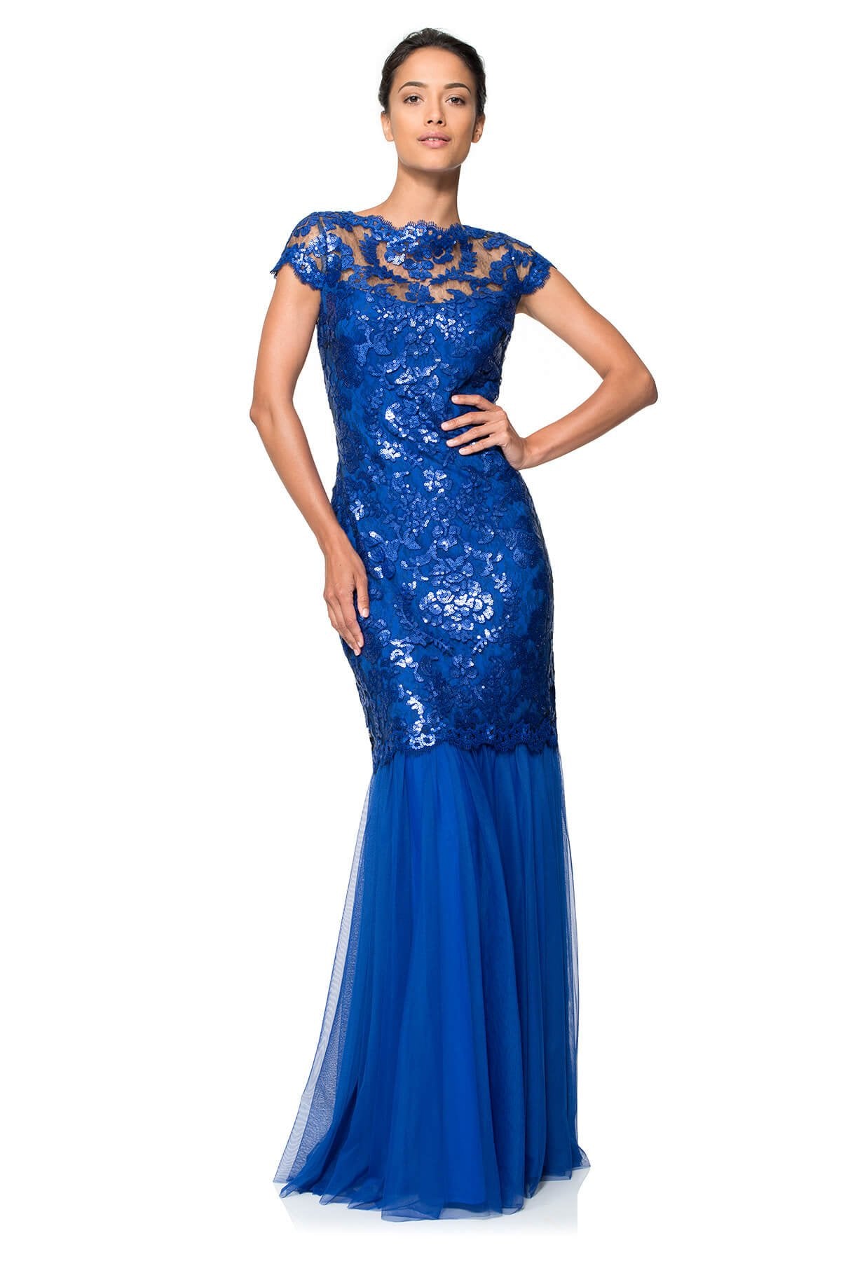 Corded Embroidery on Tulle Cap Sleeve Gown