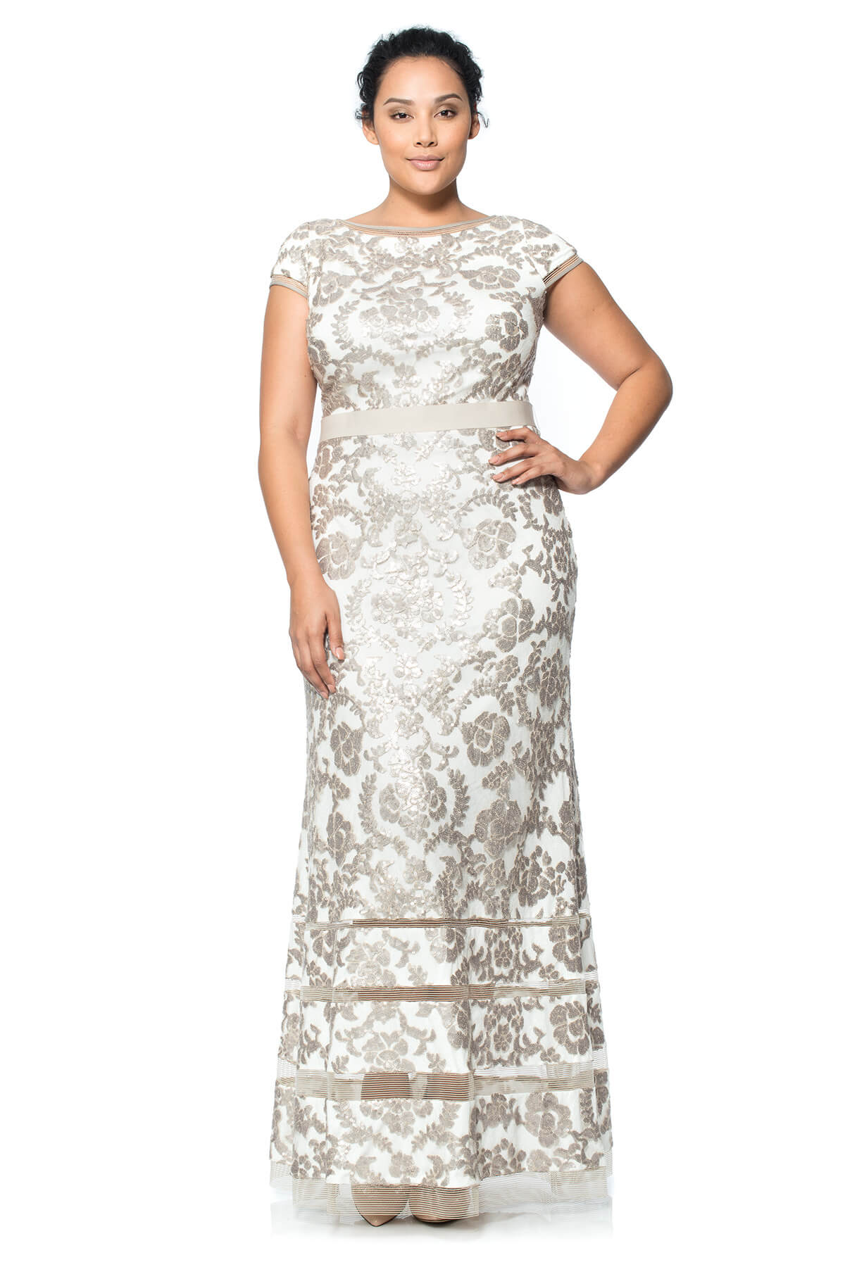 Tadashi Shoji Plus Size - Paillette Embroidered Boatneck Lace Cap Sleeve Gown