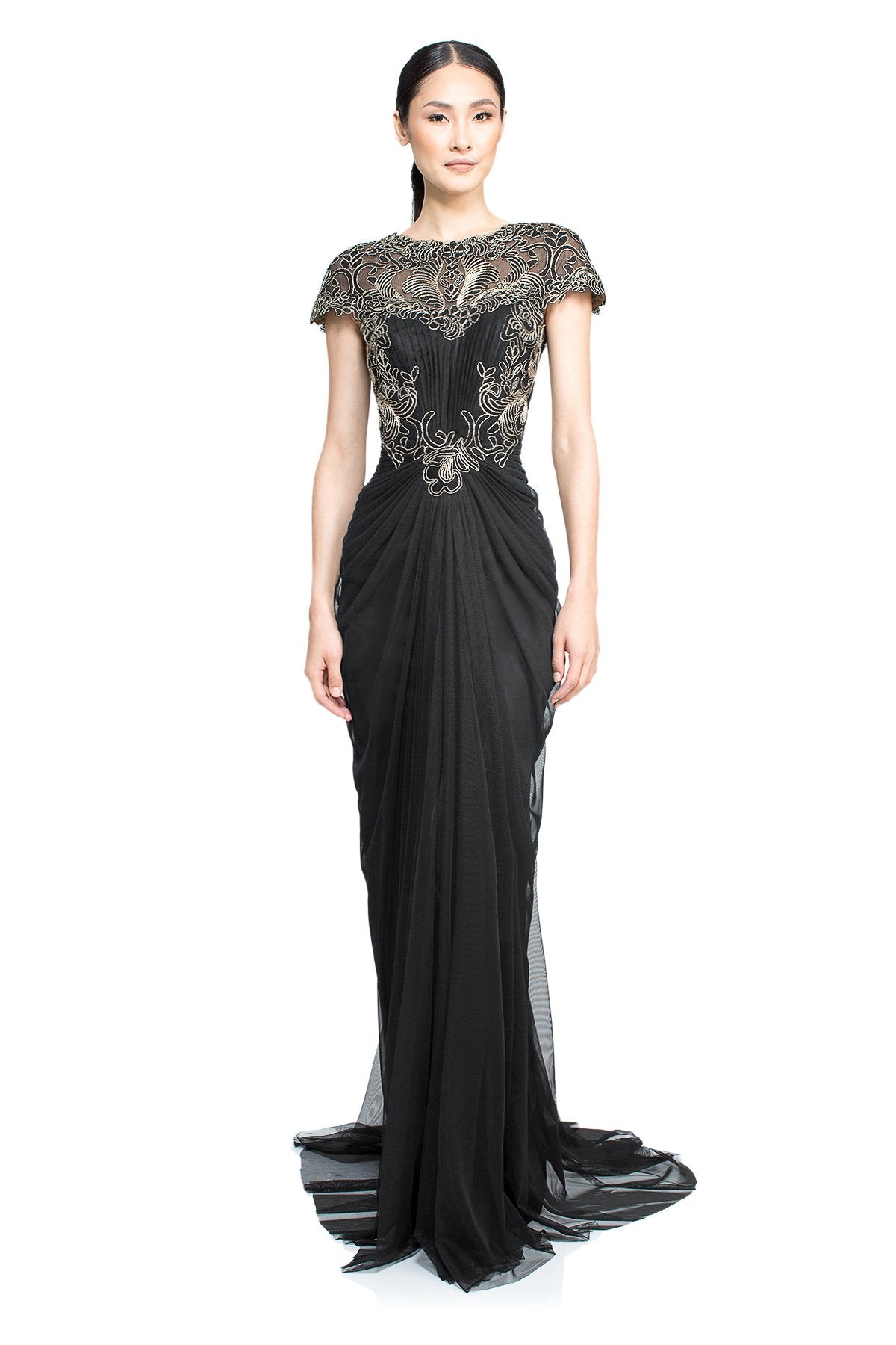 Tadashi Shoji Petite - Corded Lace and Draped Tulle Gown