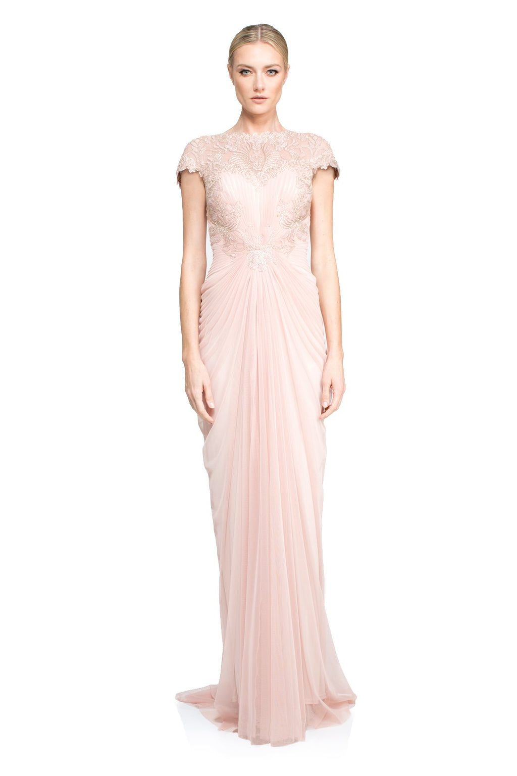Tadashi Shoji Petite - Corded Lace and Draped Tulle Gown