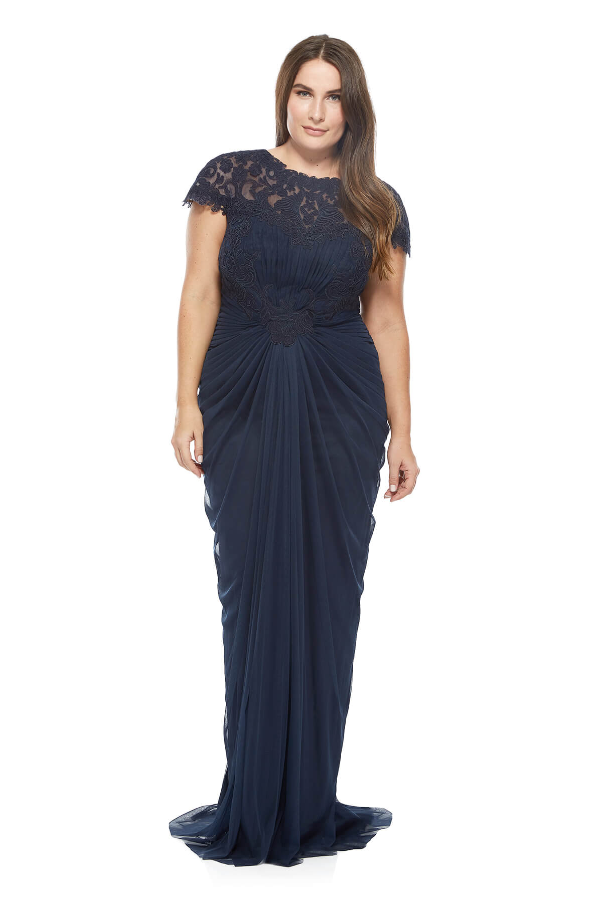 Tadashi Shoji Plus Size - Corded Lace and Draped Tulle Gown