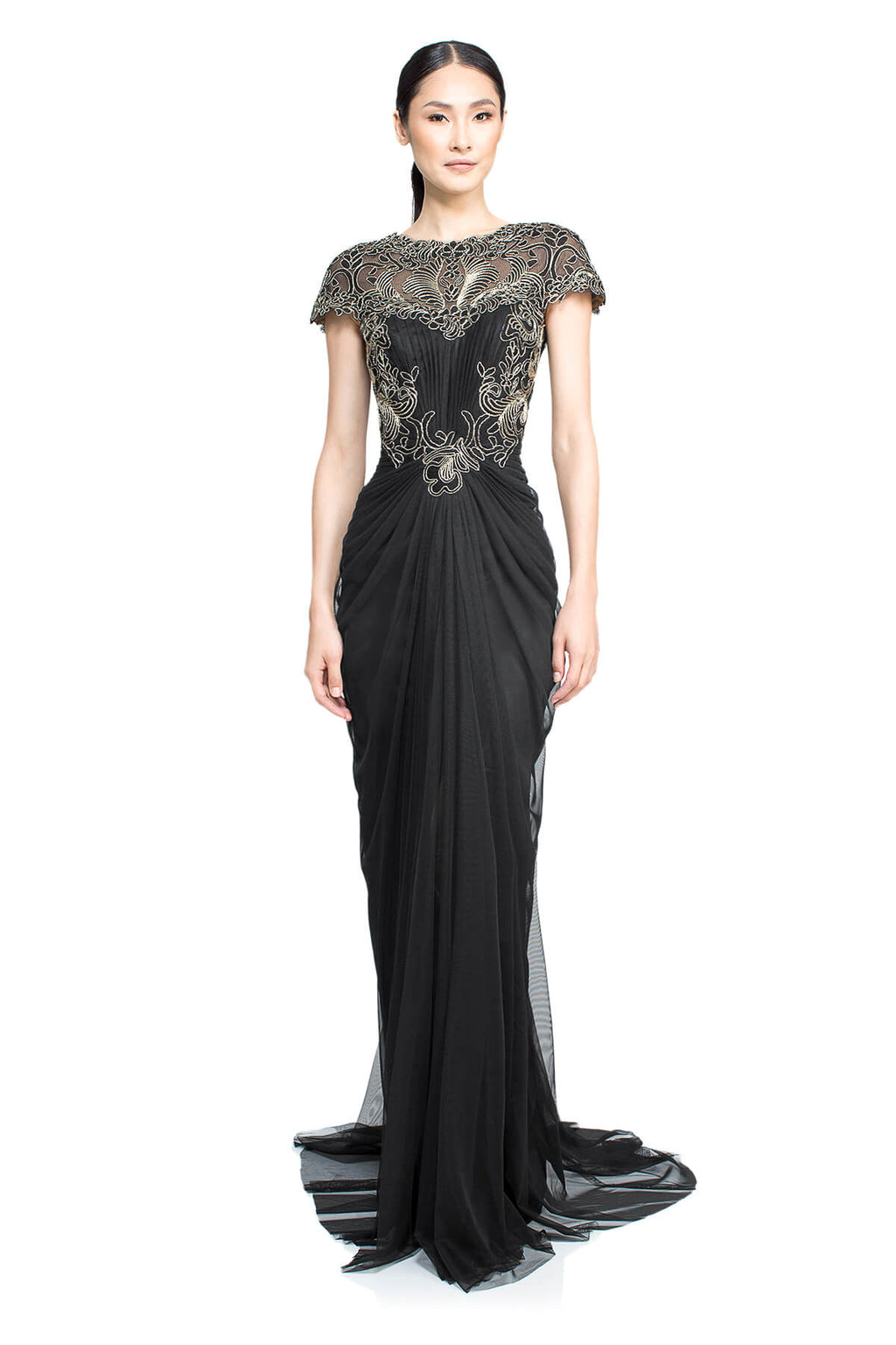 Tadashi Shoji - Corded Lace and Draped Tulle Gown