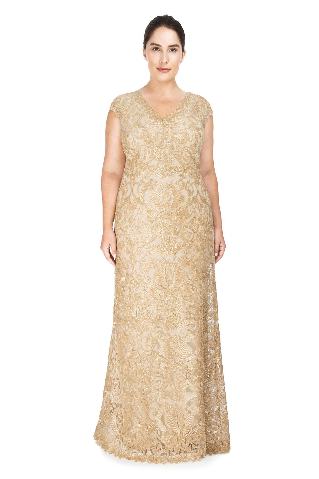 Tadashi Shoji Plus Size - Metallic Corded Embroidery on Tulle V-Neck Gown