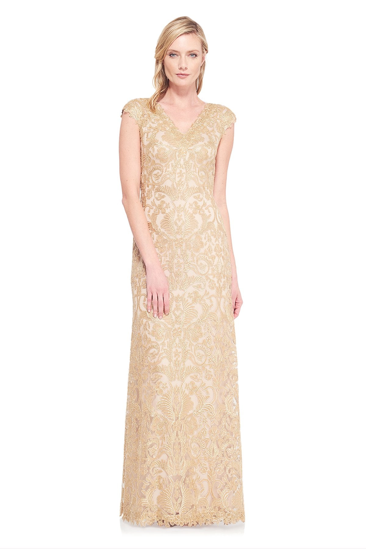 Tadashi Shoji - Metallic Corded Embroidery on Tulle V-Neck Gown - Detail