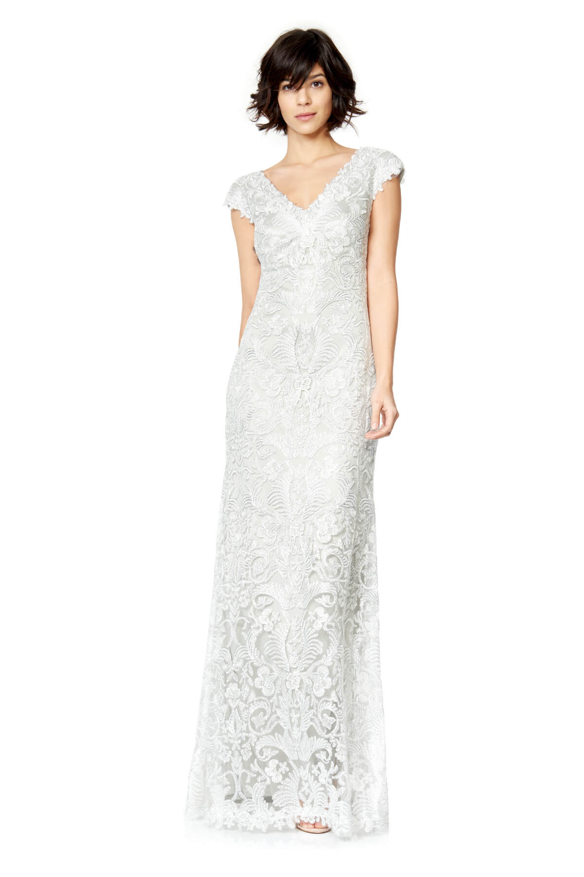 Tadashi Shoji - Metallic Corded Embroidery on Tulle V-Neck Gown
