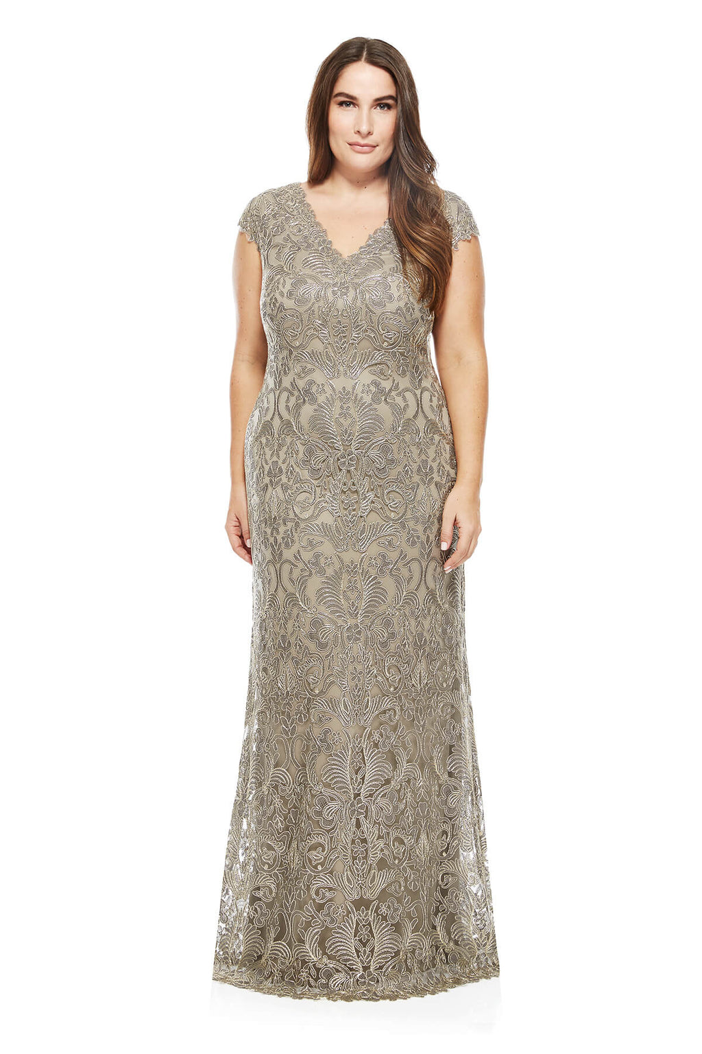 Tadashi Shoji Plus Size - Metallic Corded Embroidery on Tulle V-Neck Gown