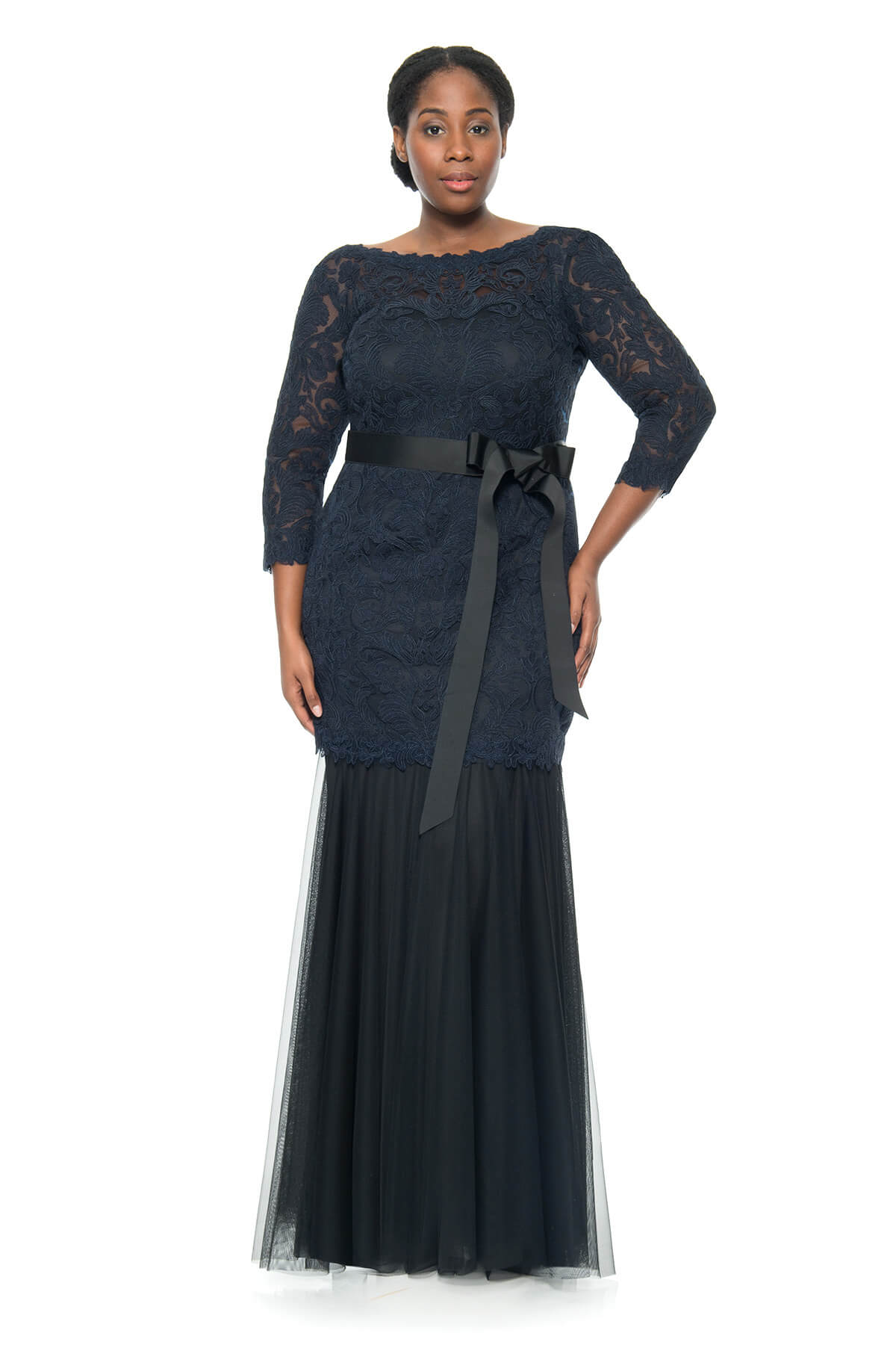 Tadashi Shoji Plus Size - Corded Embroidery 3/4 Sleeve Gown