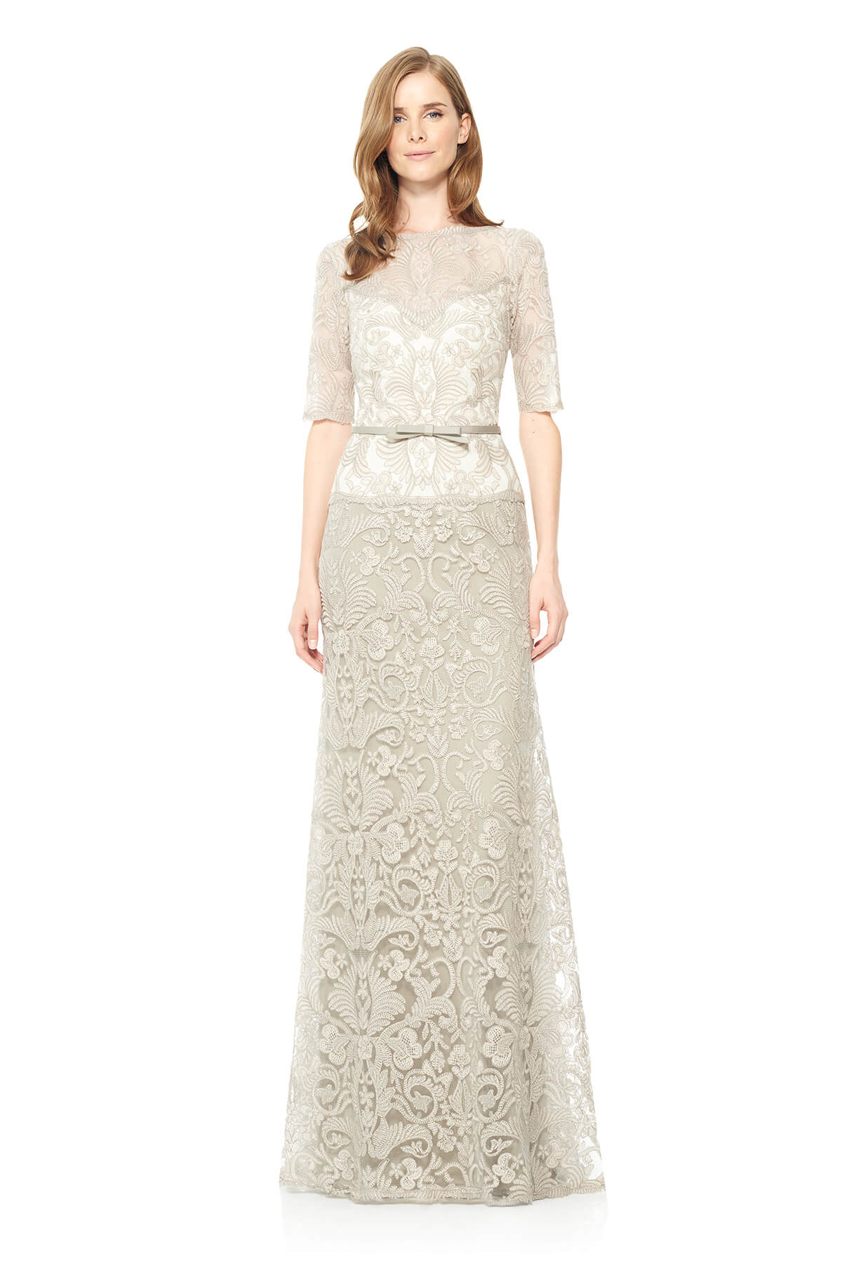 Tadashi Shoji - Corded Embroidery on Tulle 3/4 Sleeve Gown