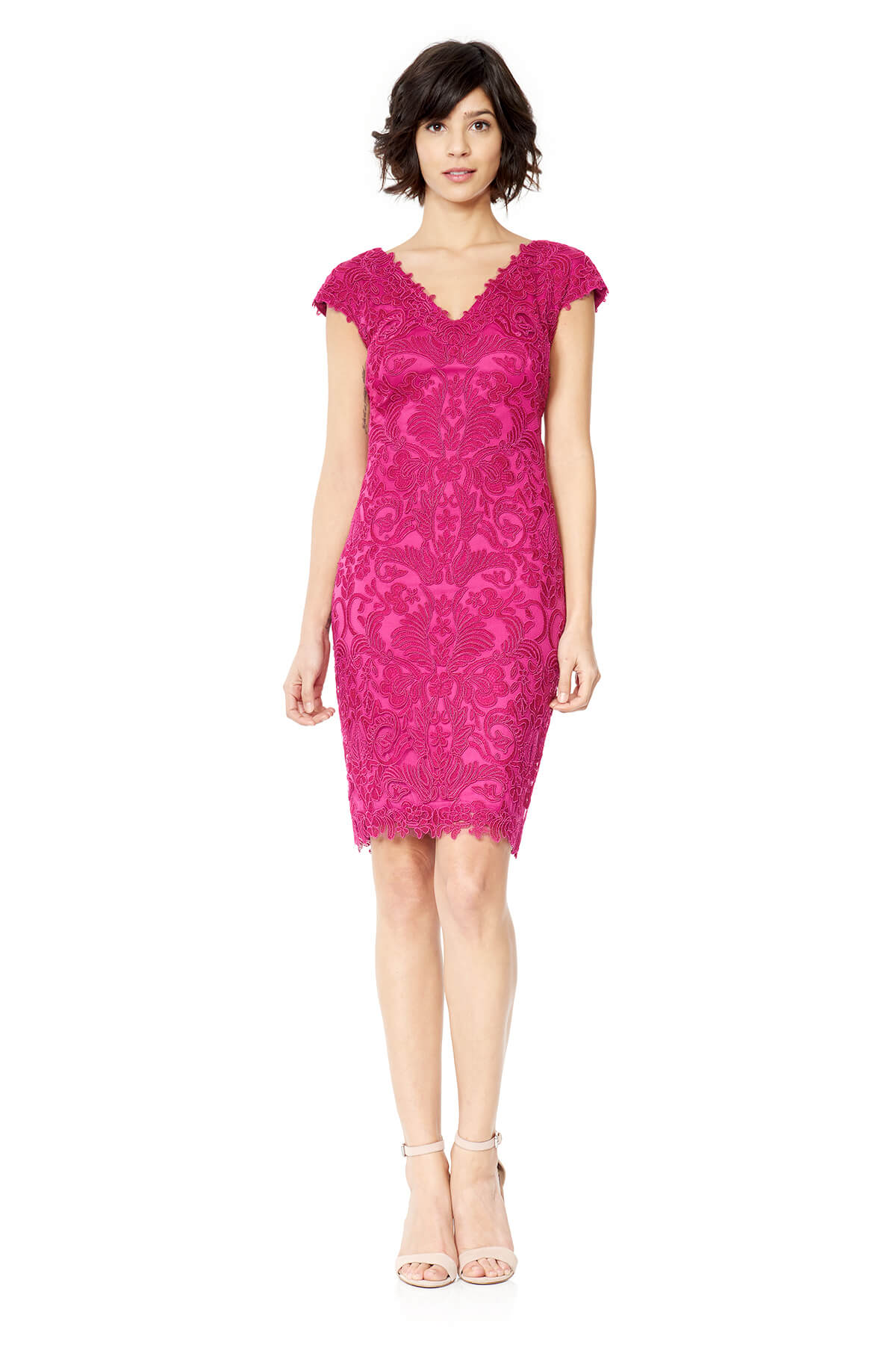 Tadashi Shoji - Corded Embroidery on Tulle Cap Sleeve Dress 