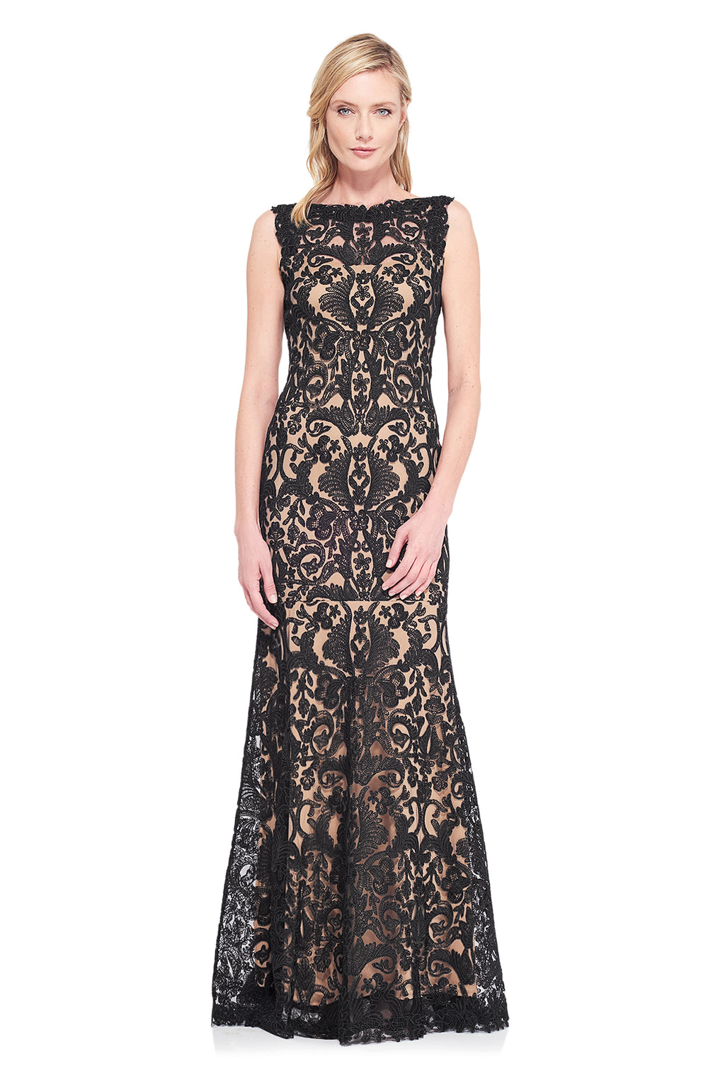 Tadashi Shoji - Corded Embroidery on Tulle Boatneck Gown
