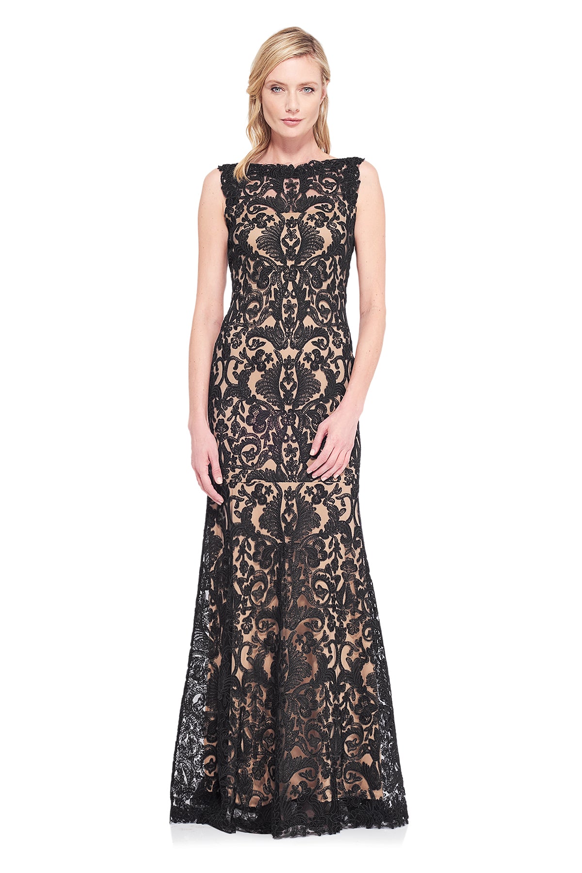 Tadashi Shoji - Corded Embroidery on Tulle Boatneck Gown